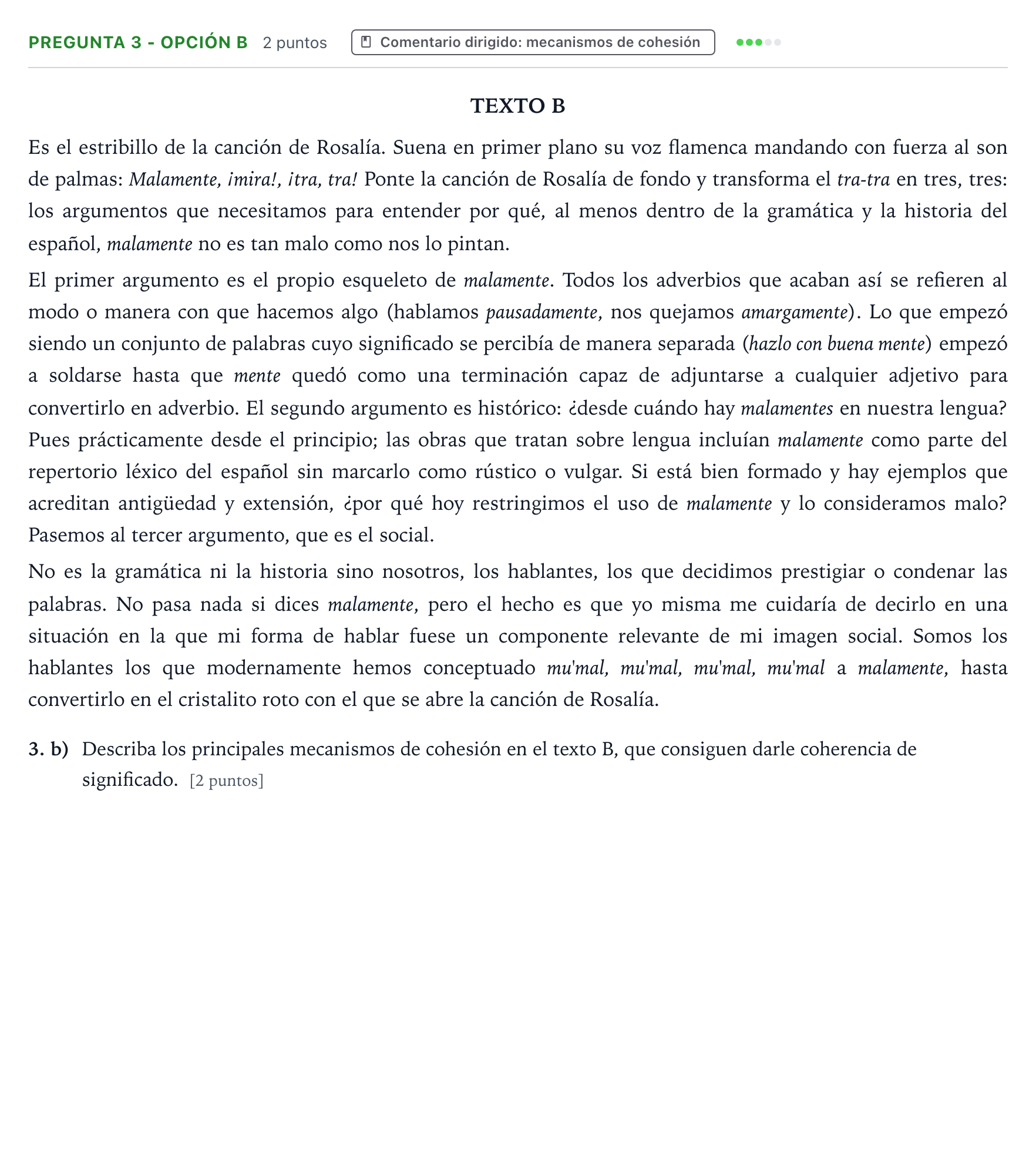 Enunciado: Pregunta 3 - Opción b · Lengua Castellana y Literatura II PAU Aragón Ordinaria 2022
