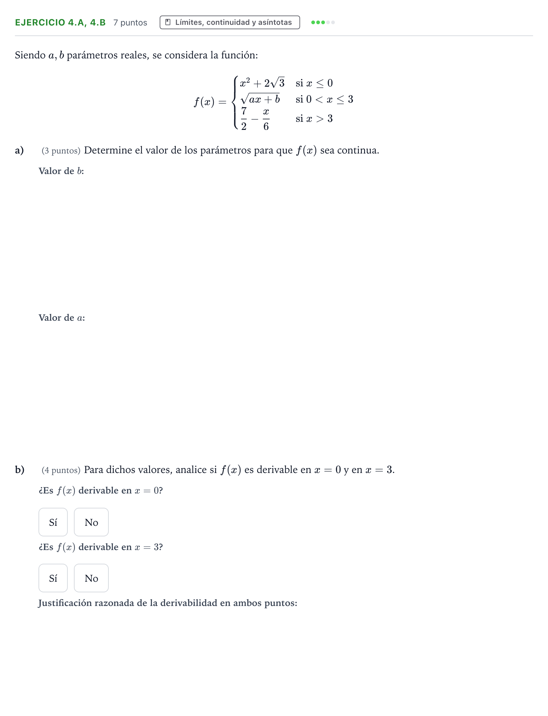 Enunciado: Ejercicio 4.a, 4.b - Límites, continuidad y asíntotas · Matemáticas aplicadas a las Ciencias Sociales II PAU Aragón Ordinaria 2022