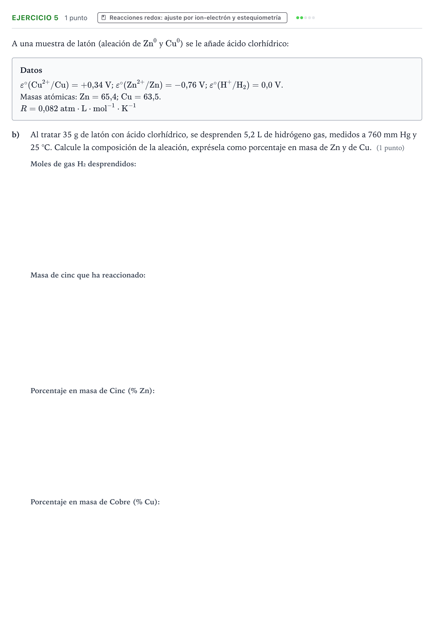 Enunciado: Ejercicio 5 - Reacciones redox · Química PAU Aragón Extraordinaria 2022