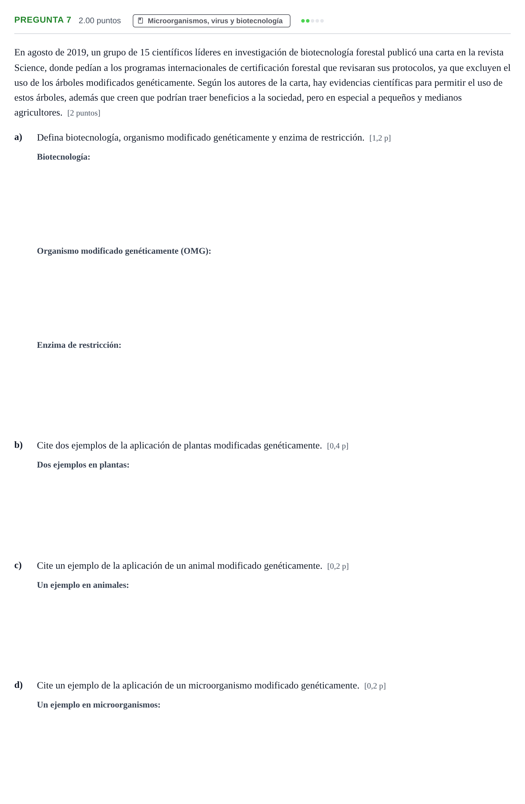 Enunciado: Pregunta 7 · Biología PAU Aragón Extraordinaria 2021
