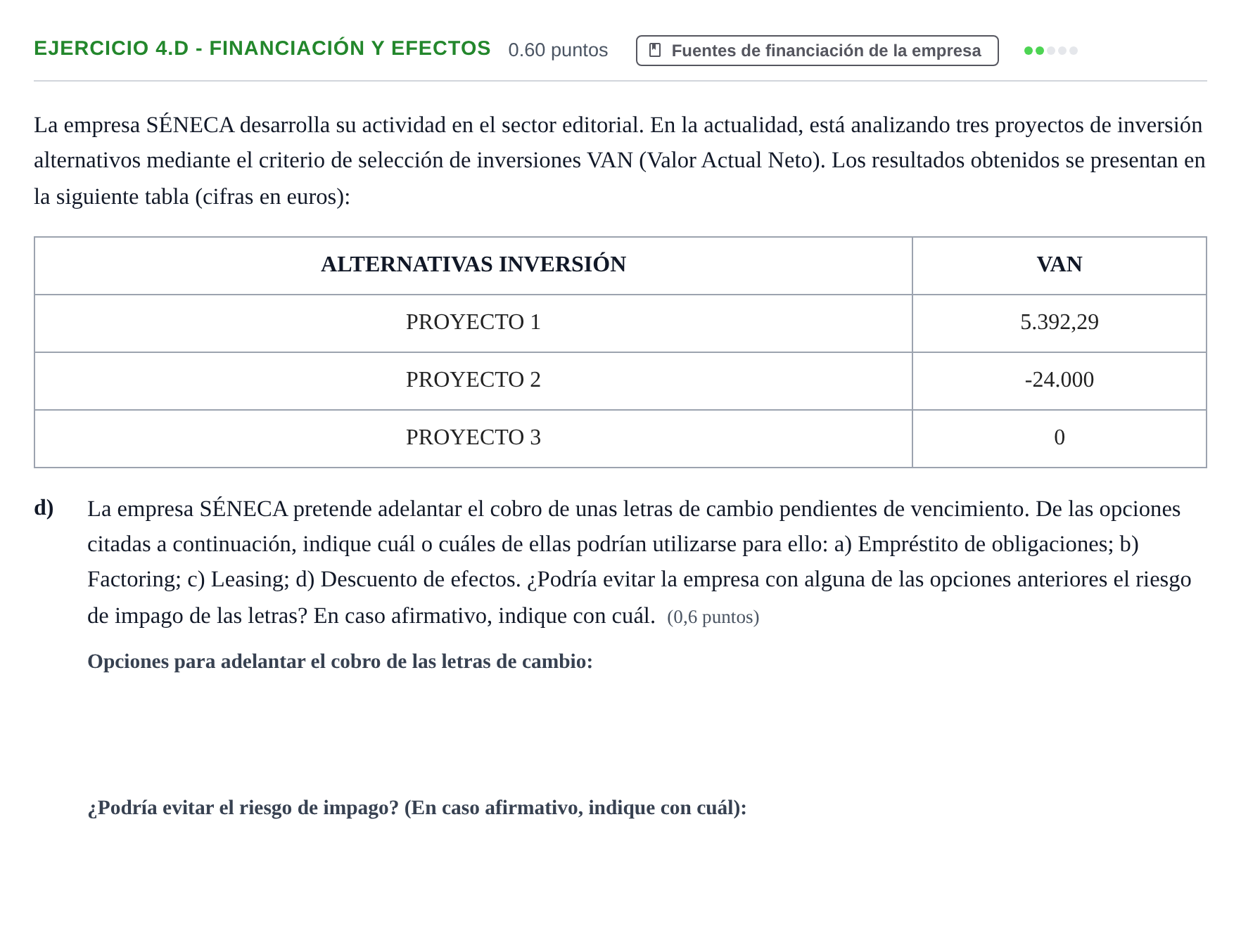 Enunciado: Ejercicio 4.d - Financiación y efectos · Empresa y Diseño de Modelos de Negocio PAU Aragón Extraordinaria 2021