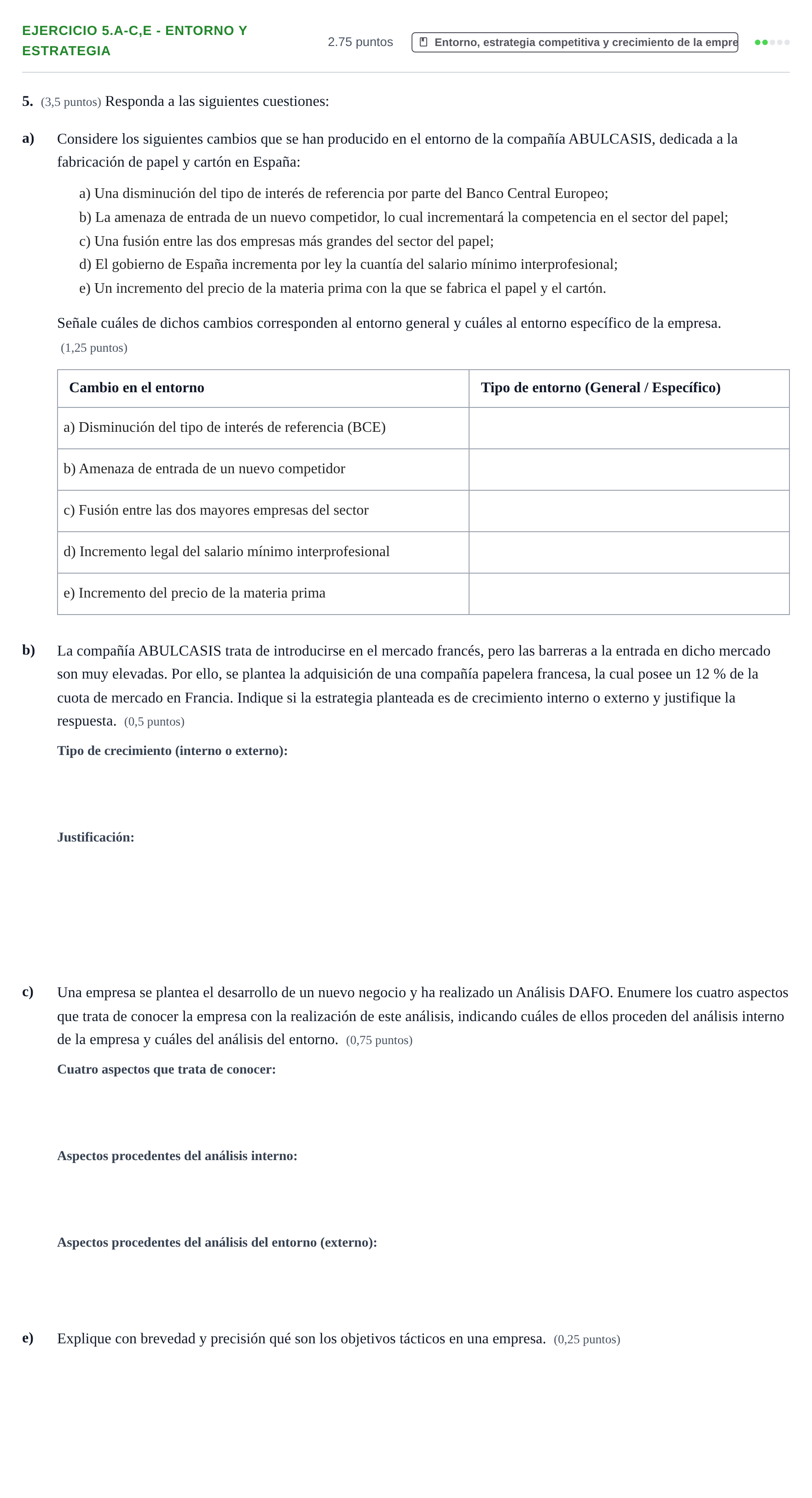 Enunciado: Ejercicio 5.a-c,e - Entorno y estrategia · Empresa y Diseño de Modelos de Negocio PAU Aragón Extraordinaria 2021