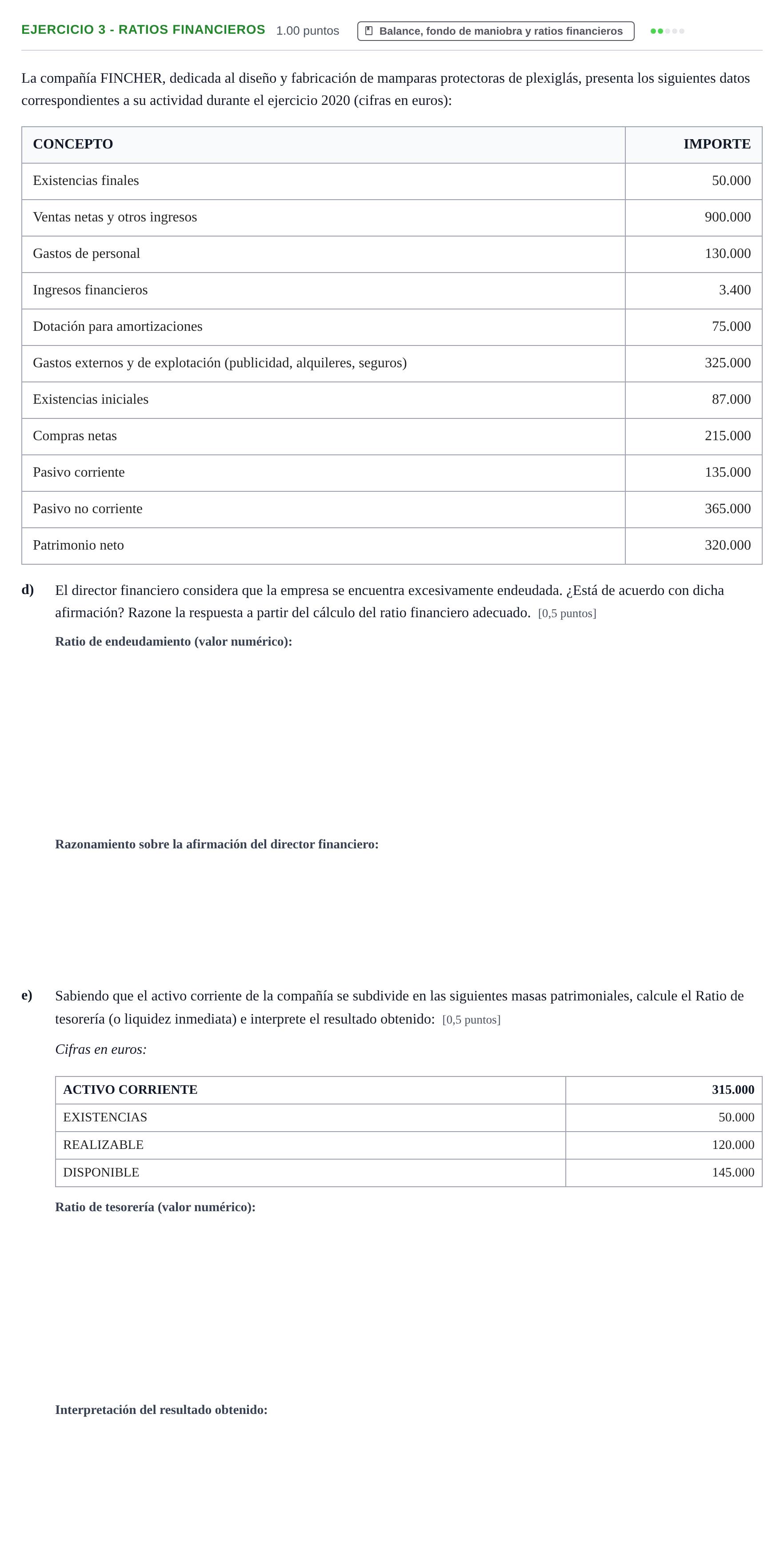 Enunciado: Ejercicio 3 - Ratios financieros · Empresa y Diseño de Modelos de Negocio PAU Aragón Ordinaria 2021