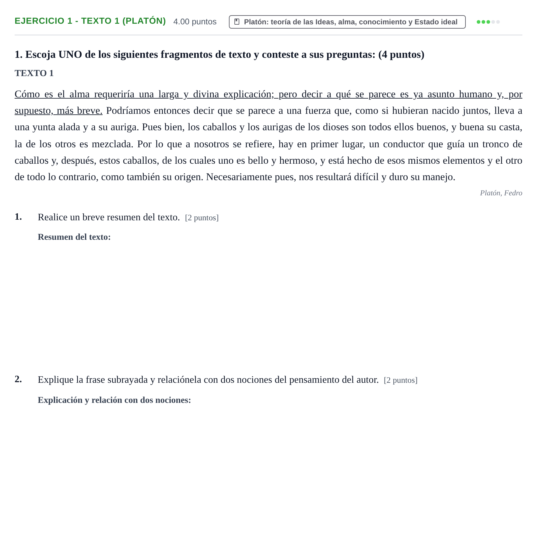 Enunciado: Ejercicio 1 - Texto 1 (Platón) · Historia de la Filosofía PAU Aragón Ordinaria 2021