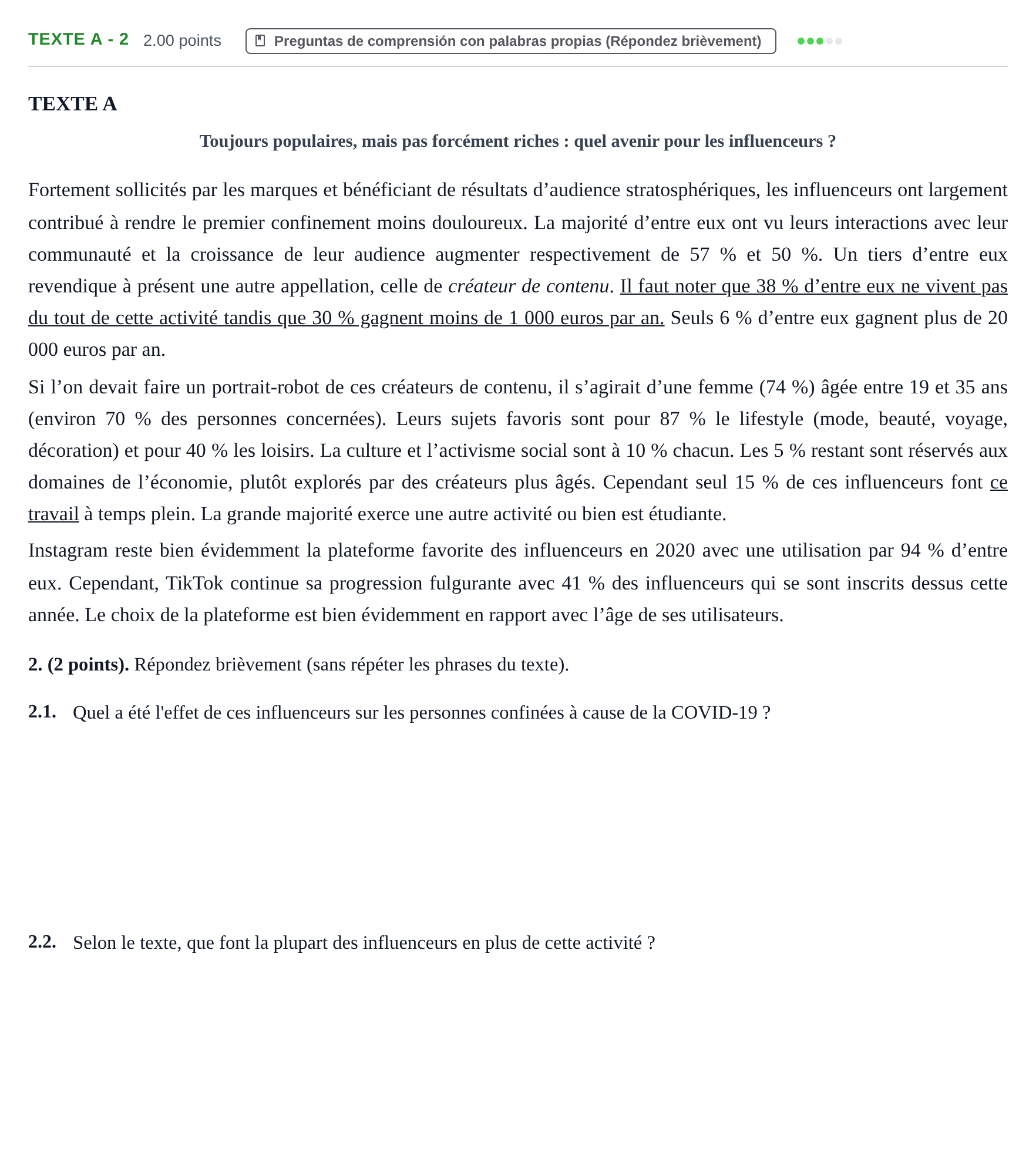 Enunciado: Ejercicio Texte A - 2 · Francés PAU Aragón Extraordinaria 2021