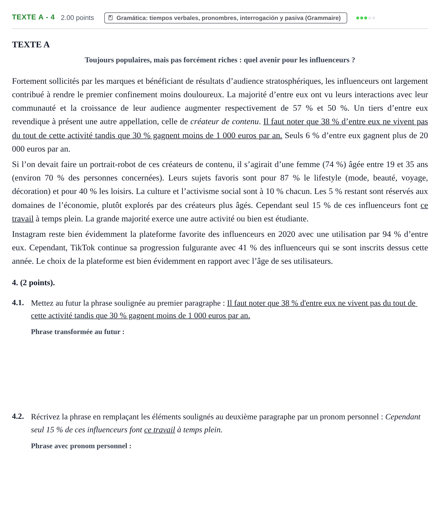 Enunciado: Ejercicio Texte A - 4 · Francés PAU Aragón Extraordinaria 2021