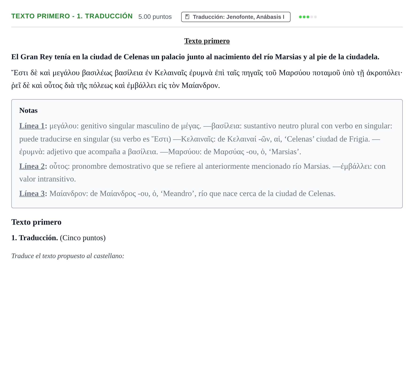 Enunciado: Ejercicio Texto primero - 1. Traducción · Griego II PAU Aragón Ordinaria 2021