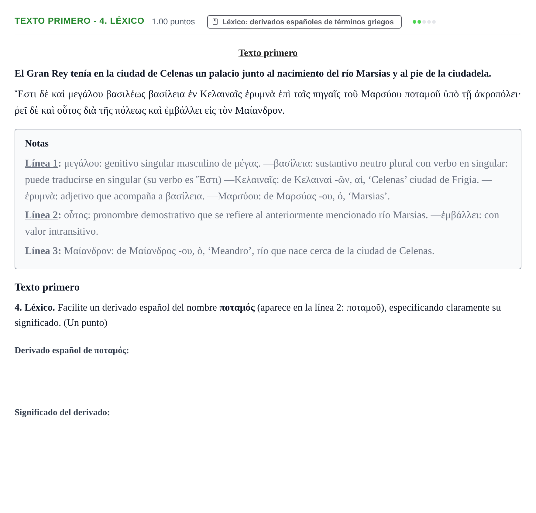 Enunciado: Ejercicio Texto primero - 4. Léxico · Griego II PAU Aragón Ordinaria 2021