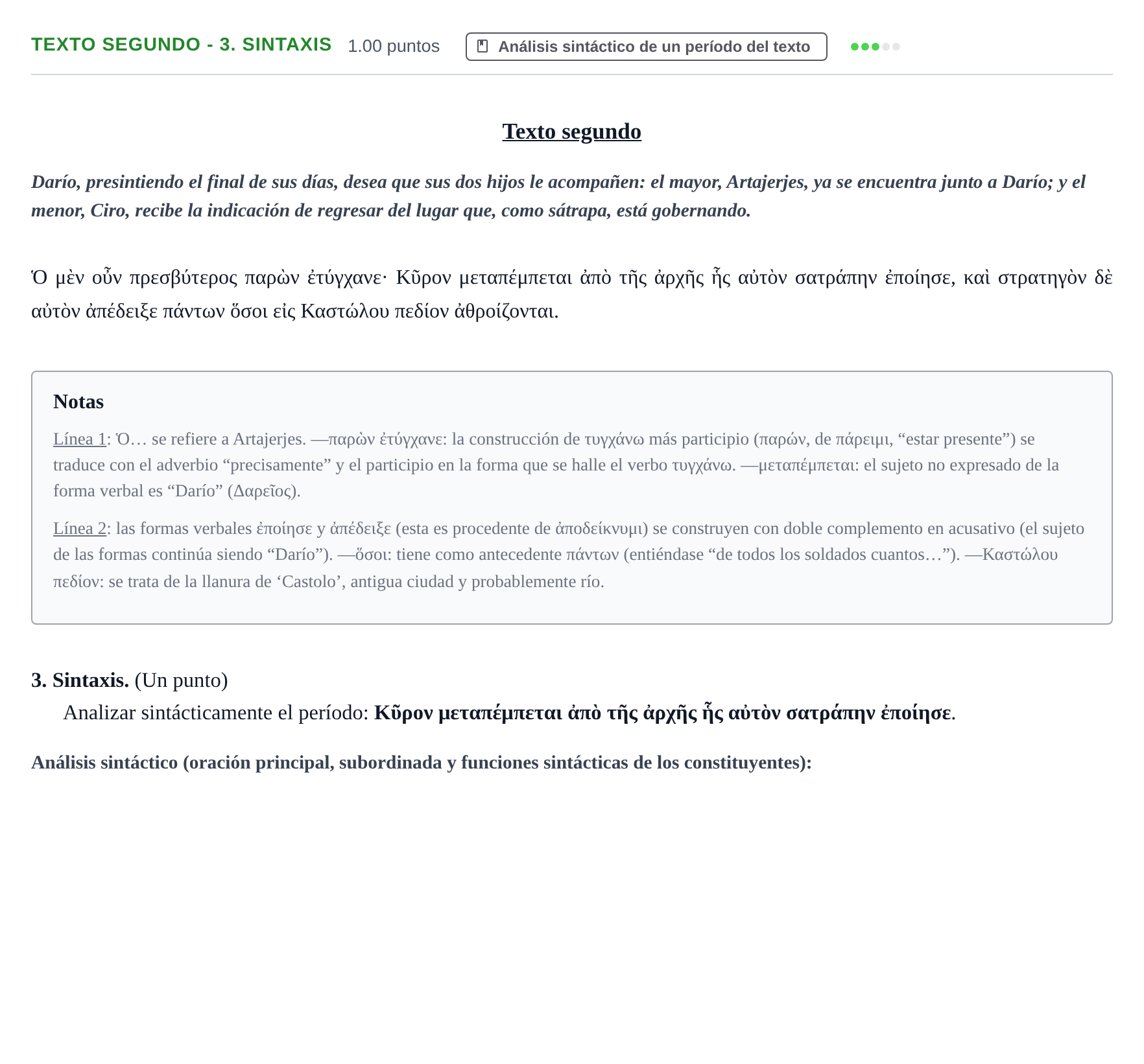 Enunciado: Ejercicio Texto segundo - 3. Sintaxis · Griego II PAU Aragón Ordinaria 2021