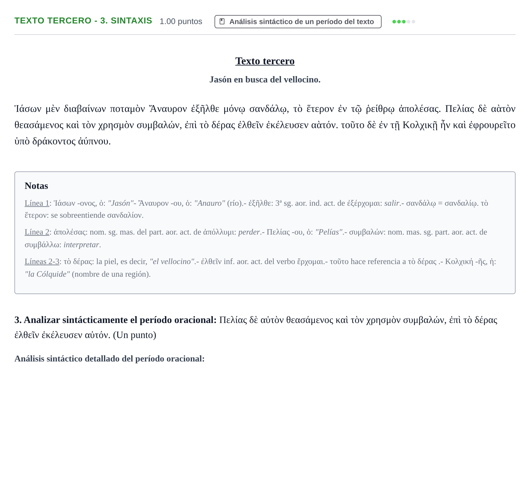 Enunciado: Ejercicio Texto tercero - 3. Sintaxis · Griego II PAU Aragón Ordinaria 2021