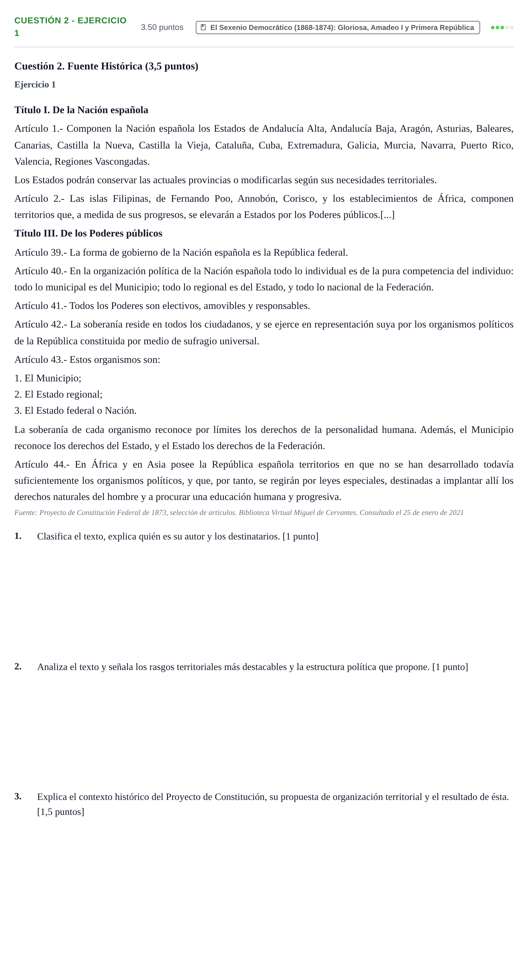Enunciado: Cuestión 2 - Ejercicio 1 · Historia de España PAU Aragón Extraordinaria 2021