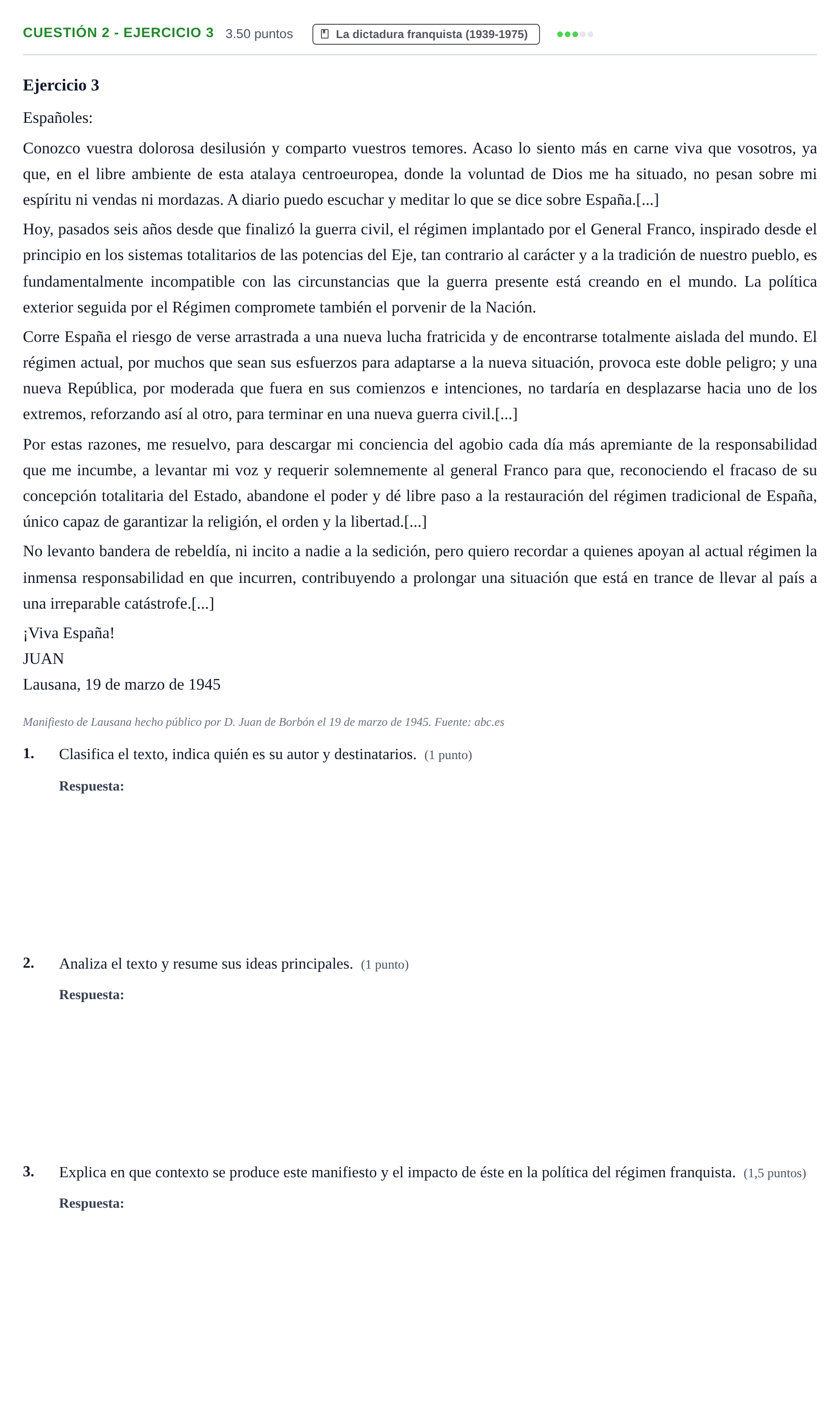 Enunciado: Cuestión 2 - Ejercicio 3 · Historia de España PAU Aragón Extraordinaria 2021