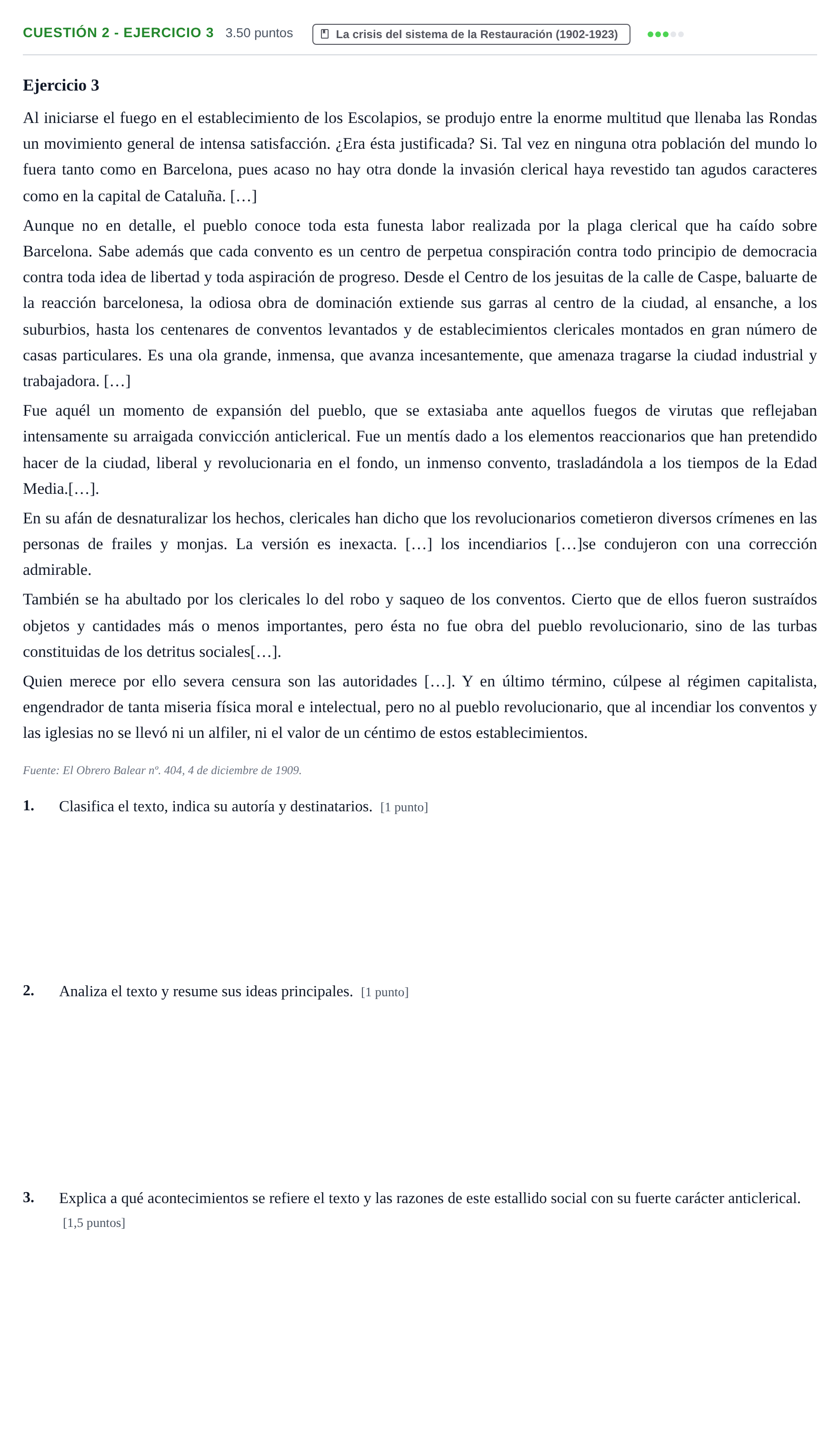 Enunciado: Cuestión 2 - Ejercicio 3 · Historia de España PAU Aragón Ordinaria 2021