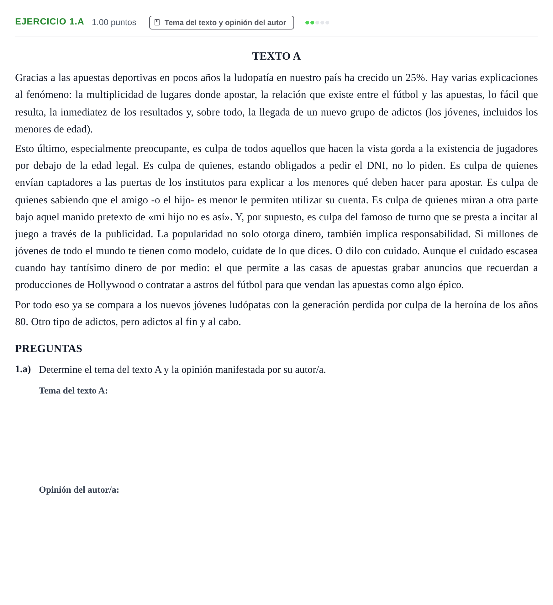 Enunciado: Ejercicio 1.a · Lengua Castellana y Literatura II PAU Aragón Extraordinaria 2021