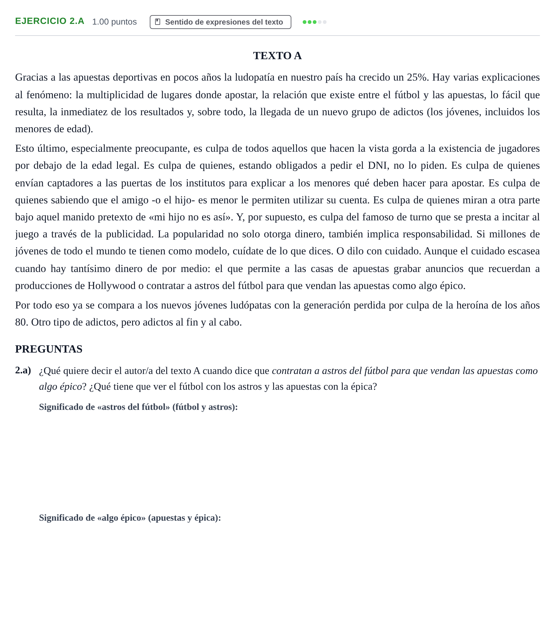 Enunciado: Ejercicio 2.a · Lengua Castellana y Literatura II PAU Aragón Extraordinaria 2021