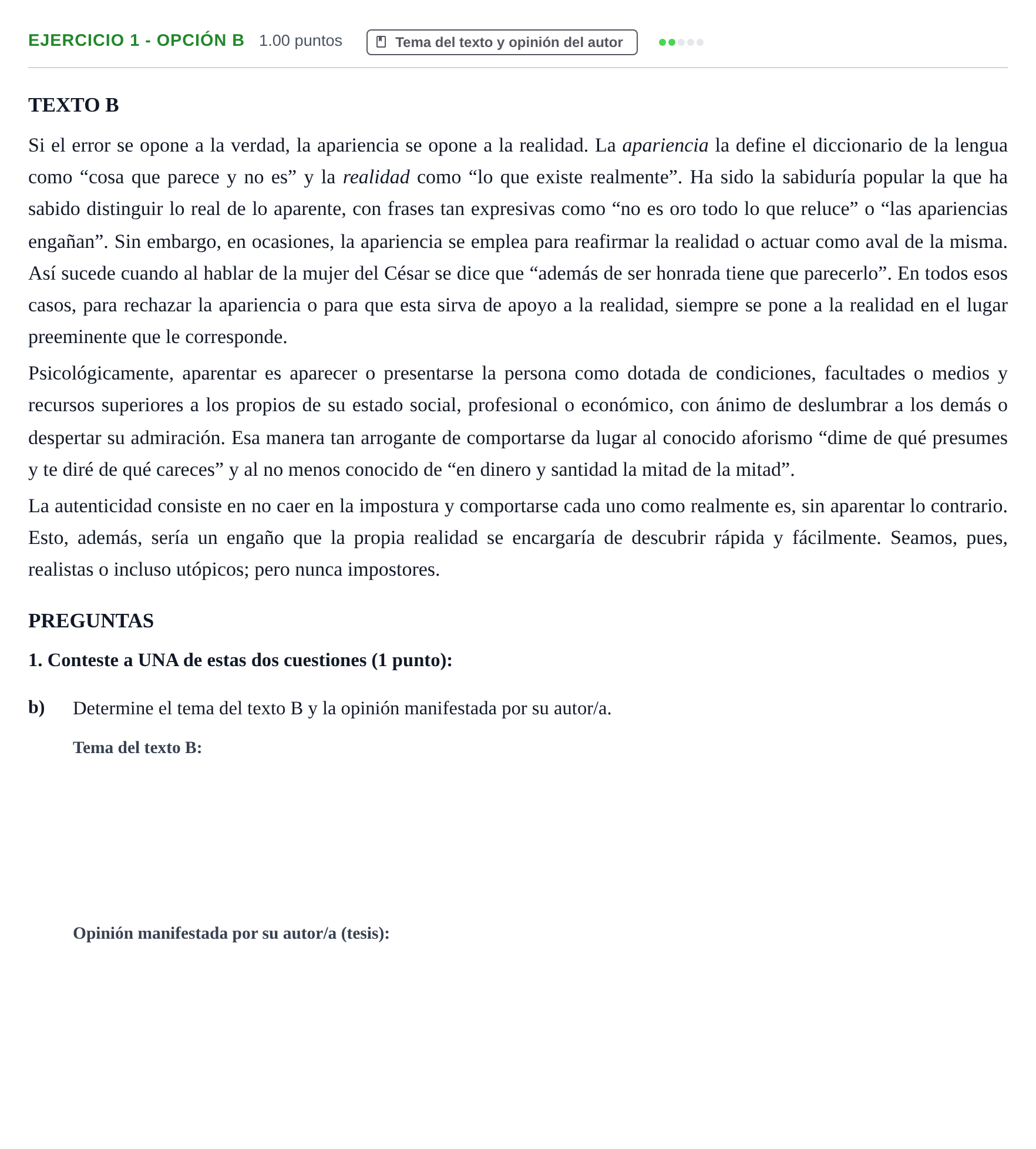Enunciado: Ejercicio 1 - Opción B · Lengua Castellana y Literatura II PAU Aragón Ordinaria 2021