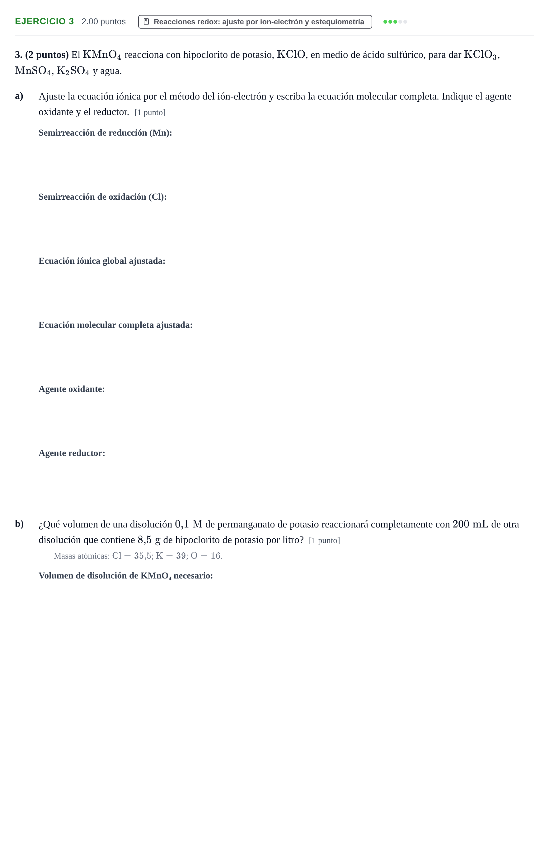 Enunciado: Problema 3 · Química PAU Aragón Extraordinaria 2021