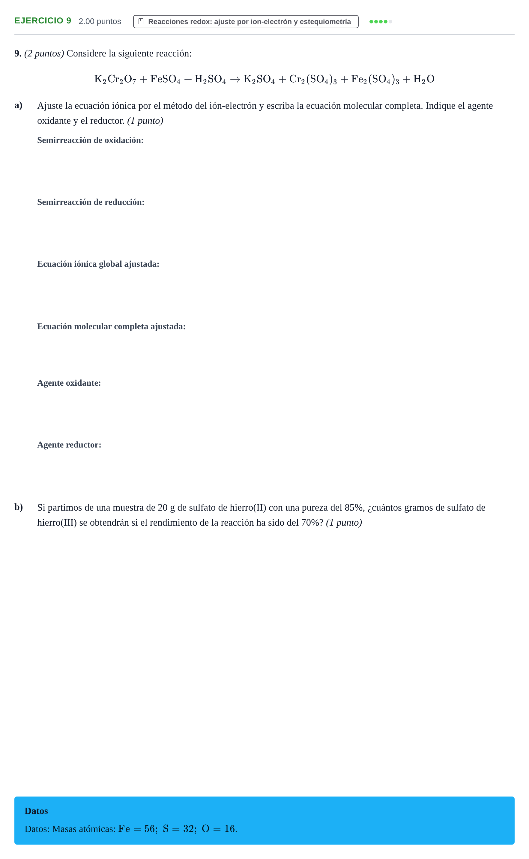 Enunciado: Problema 9 · Química PAU Aragón Ordinaria 2021