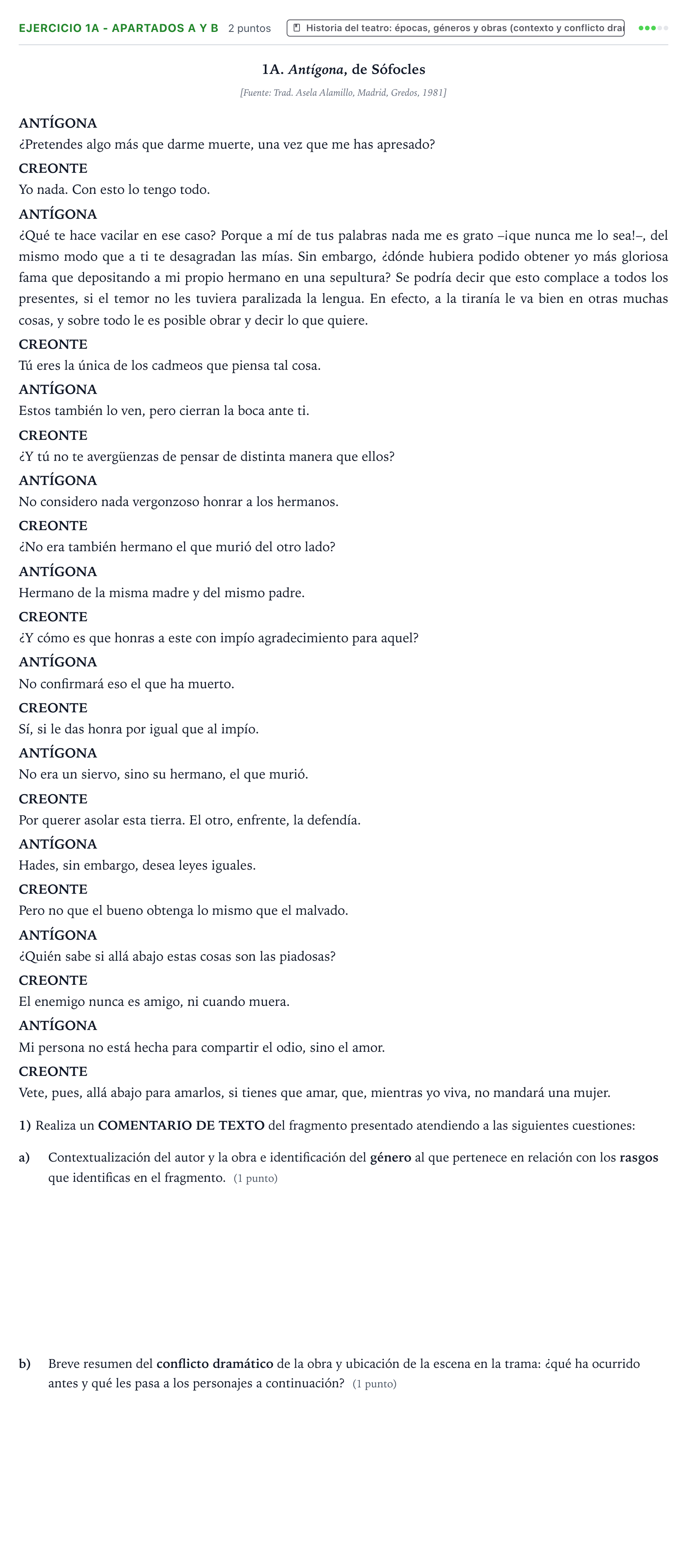 Enunciado: Ejercicio 1A - Apartados a y b · Artes Escénicas PAU Castilla y León Extraordinaria 2026