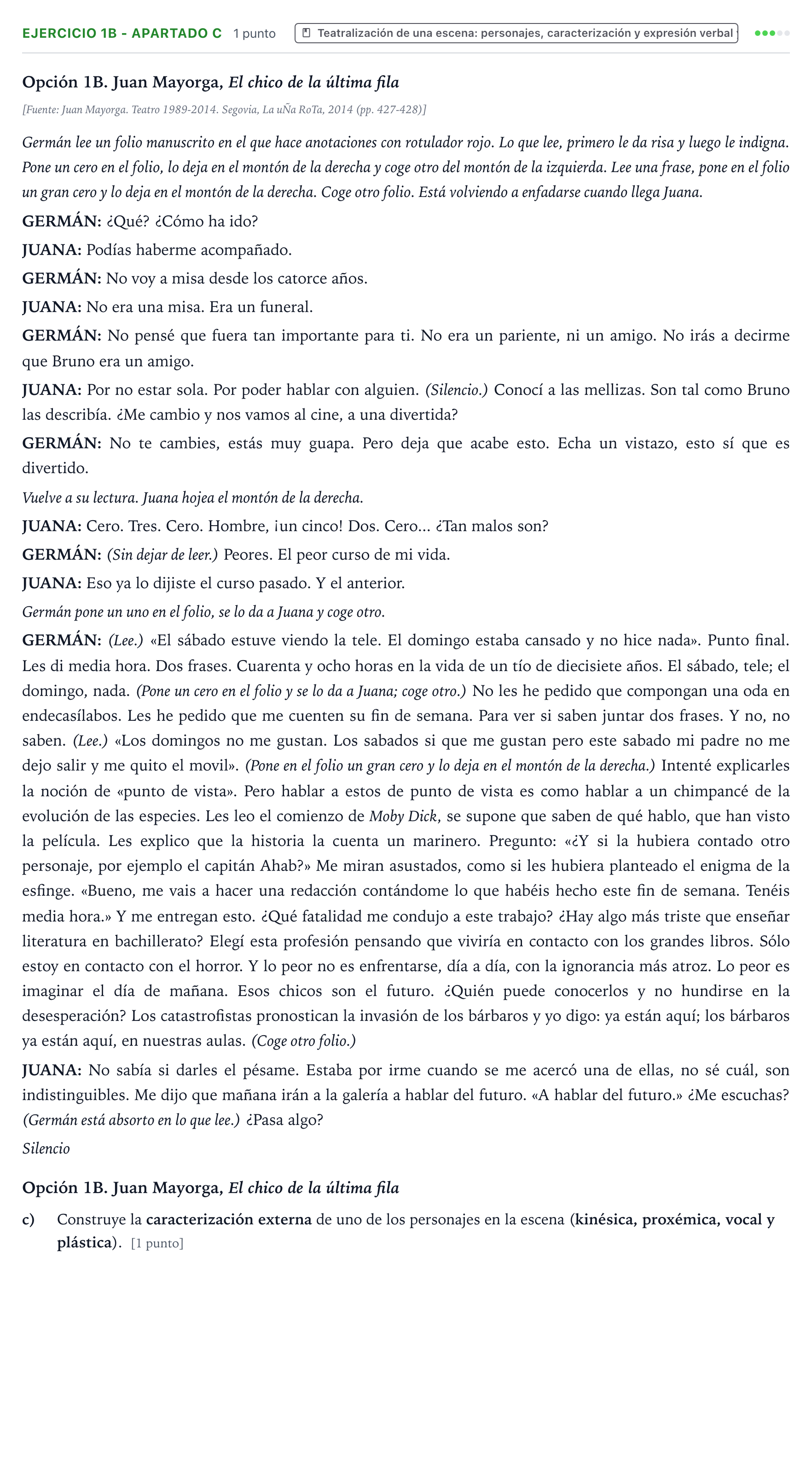 Enunciado: Ejercicio 1B - Apartado c · Artes Escénicas PAU Castilla y León Extraordinaria 2026