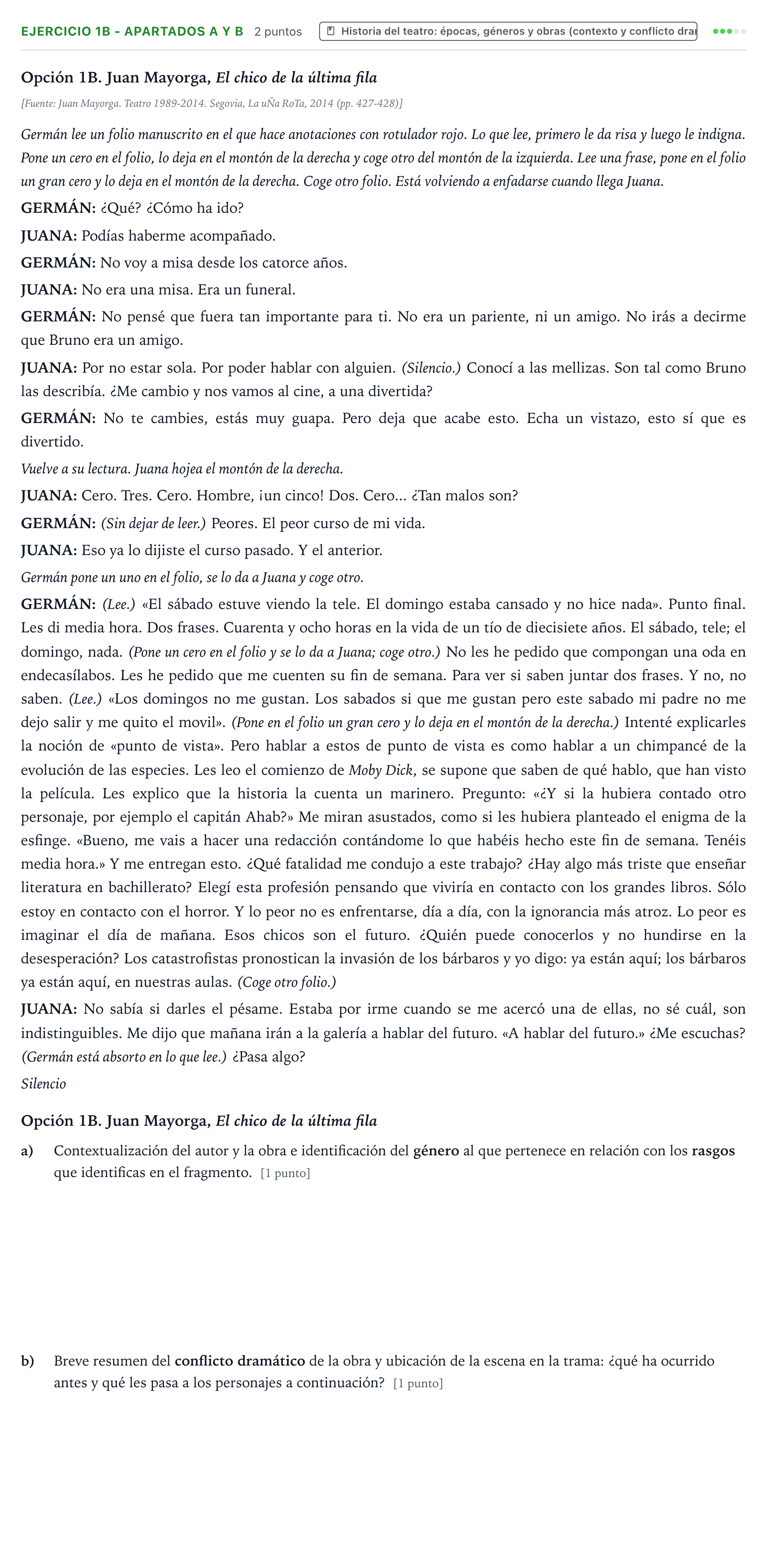 Enunciado: Ejercicio 1B - Apartados a y b · Artes Escénicas PAU Castilla y León Extraordinaria 2026