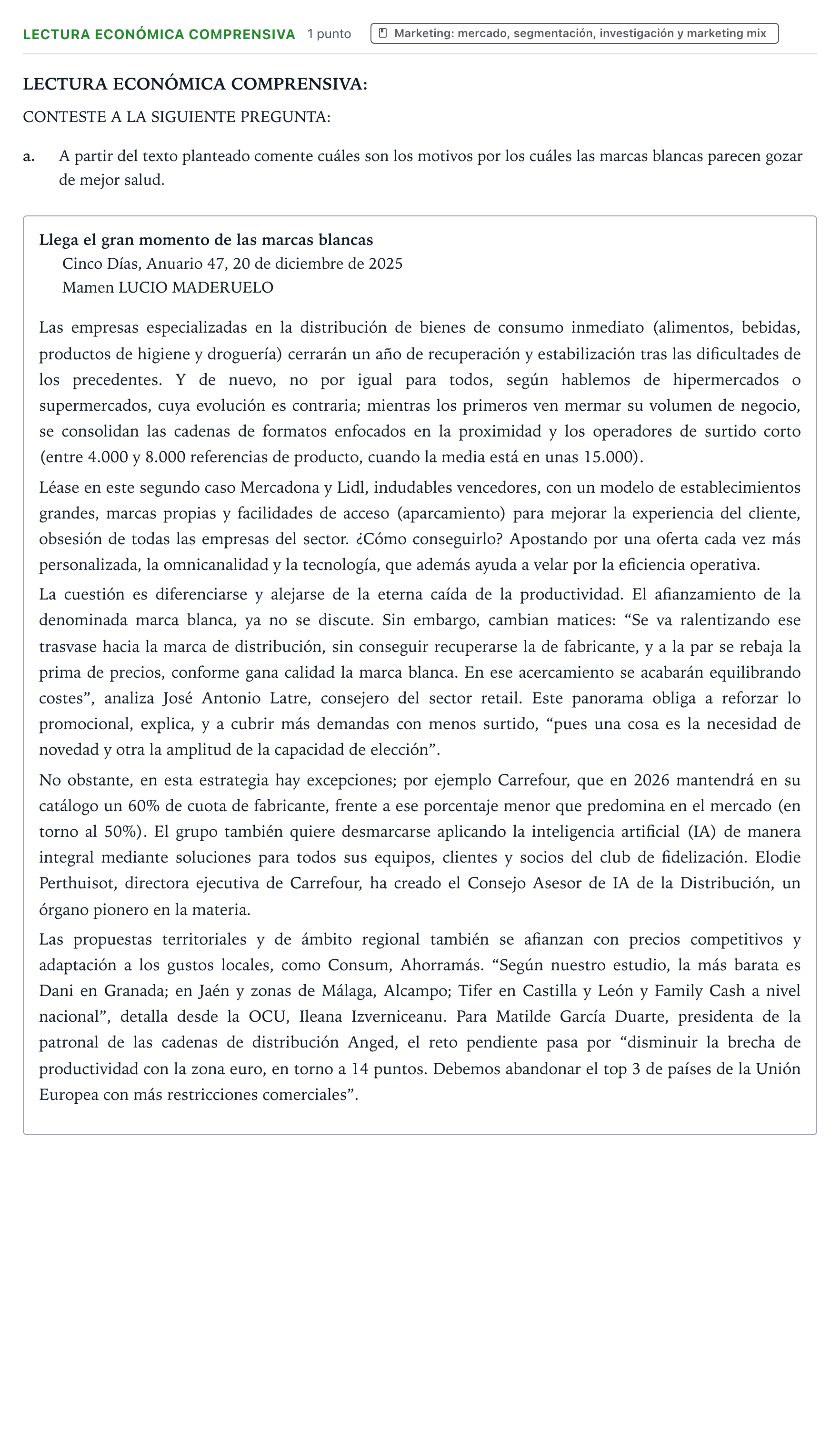 Enunciado: Ejercicio Lectura Económica Comprensiva · Empresa y Diseño de Modelos de Negocio PAU Castilla y León Extraordinaria 2026