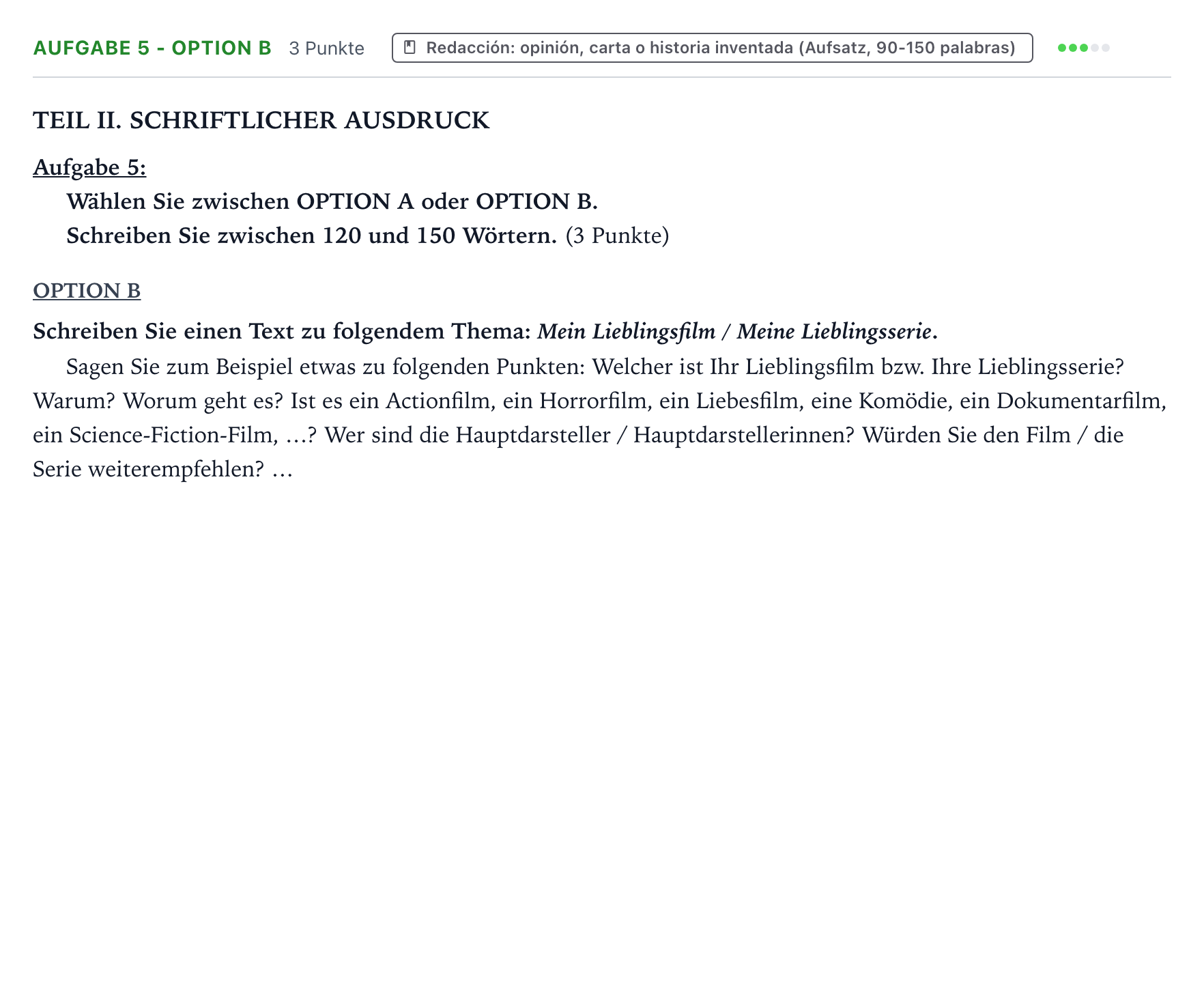 Enunciado: Ejercicio Aufgabe 5 - Option B · Alemán PAU Castilla y León Ordinaria 2026