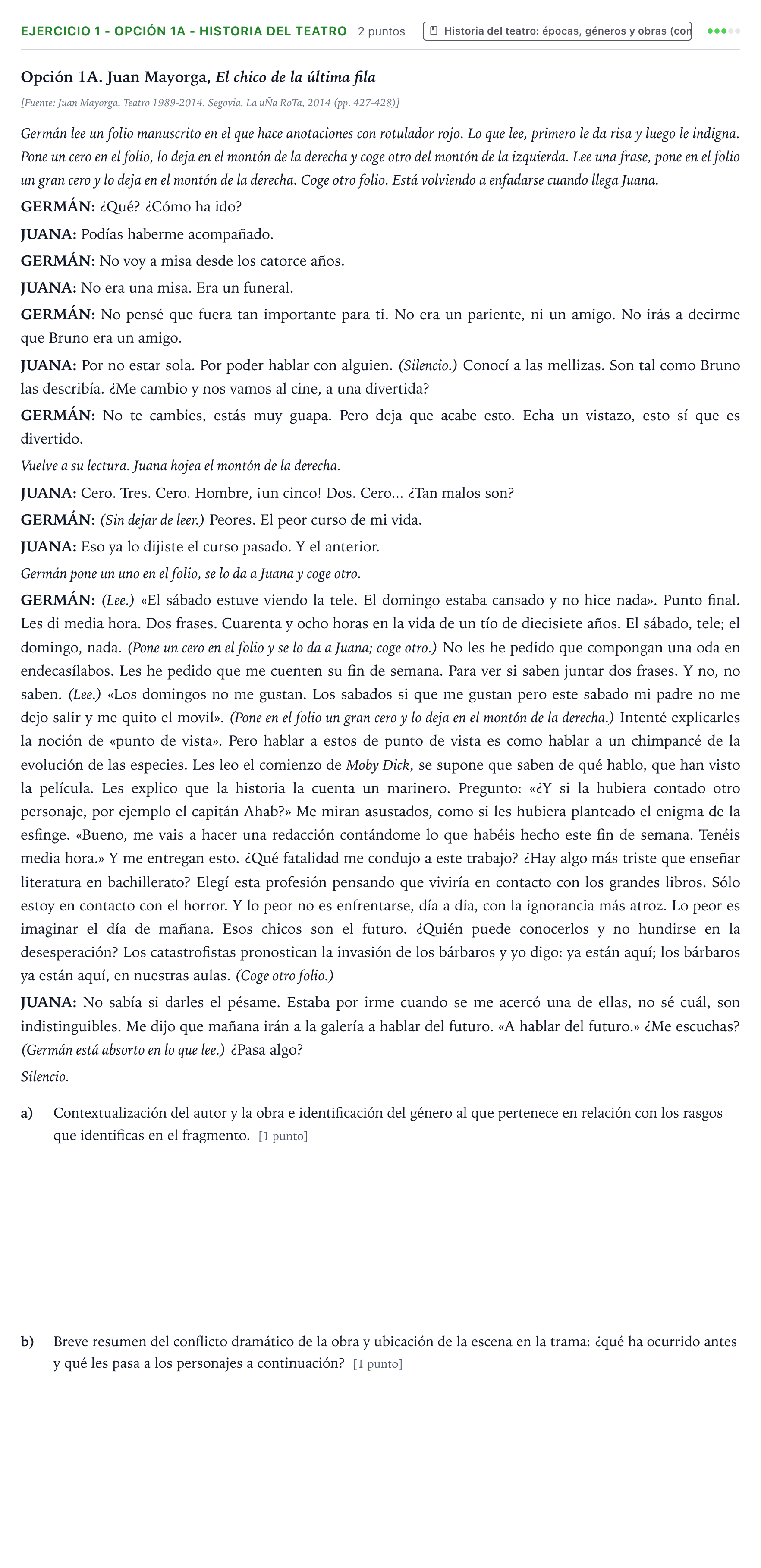 Enunciado: Ejercicio 1 - Opción 1A - Historia del teatro · Artes Escénicas PAU Castilla y León Ordinaria 2026