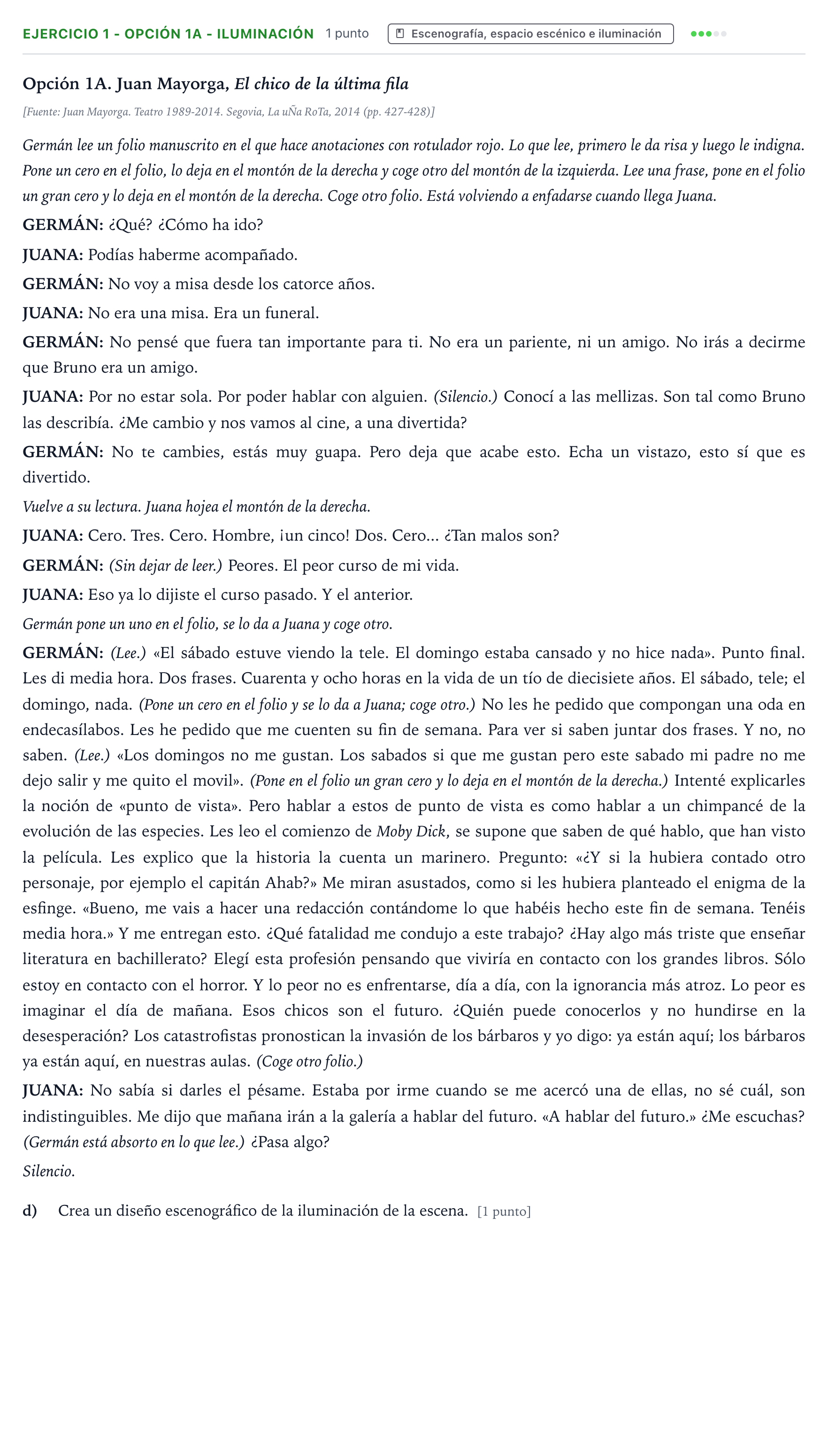 Enunciado: Ejercicio 1 - Opción 1A - Iluminación · Artes Escénicas PAU Castilla y León Ordinaria 2026