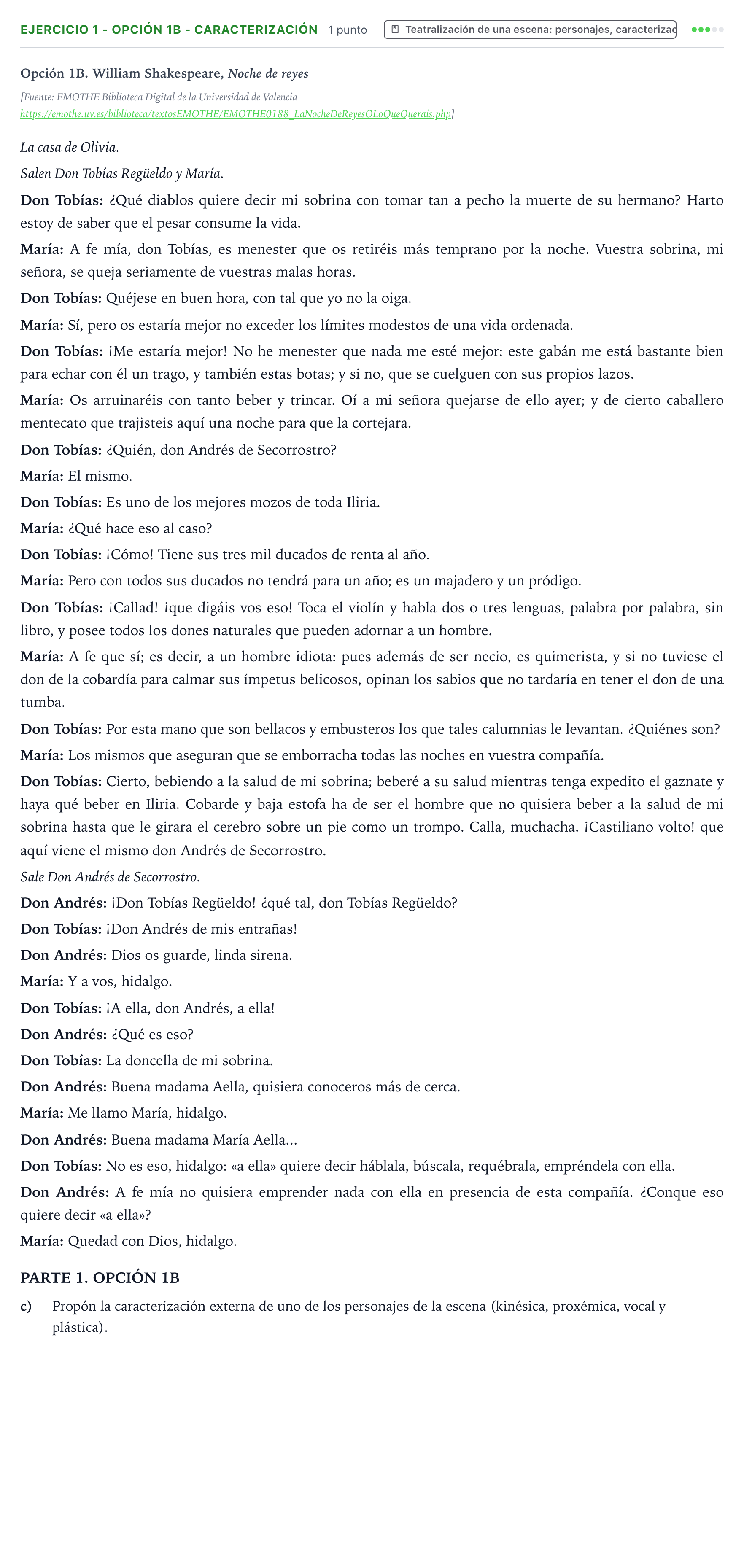 Enunciado: Ejercicio 1 - Opción 1B - Caracterización · Artes Escénicas PAU Castilla y León Ordinaria 2026