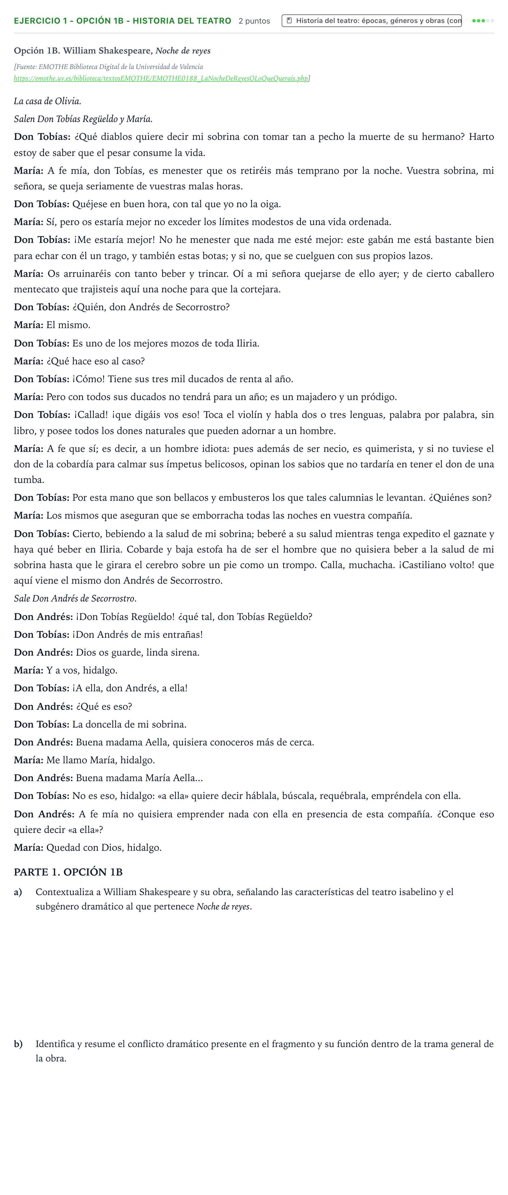 Enunciado: Ejercicio 1 - Opción 1B - Historia del teatro · Artes Escénicas PAU Castilla y León Ordinaria 2026