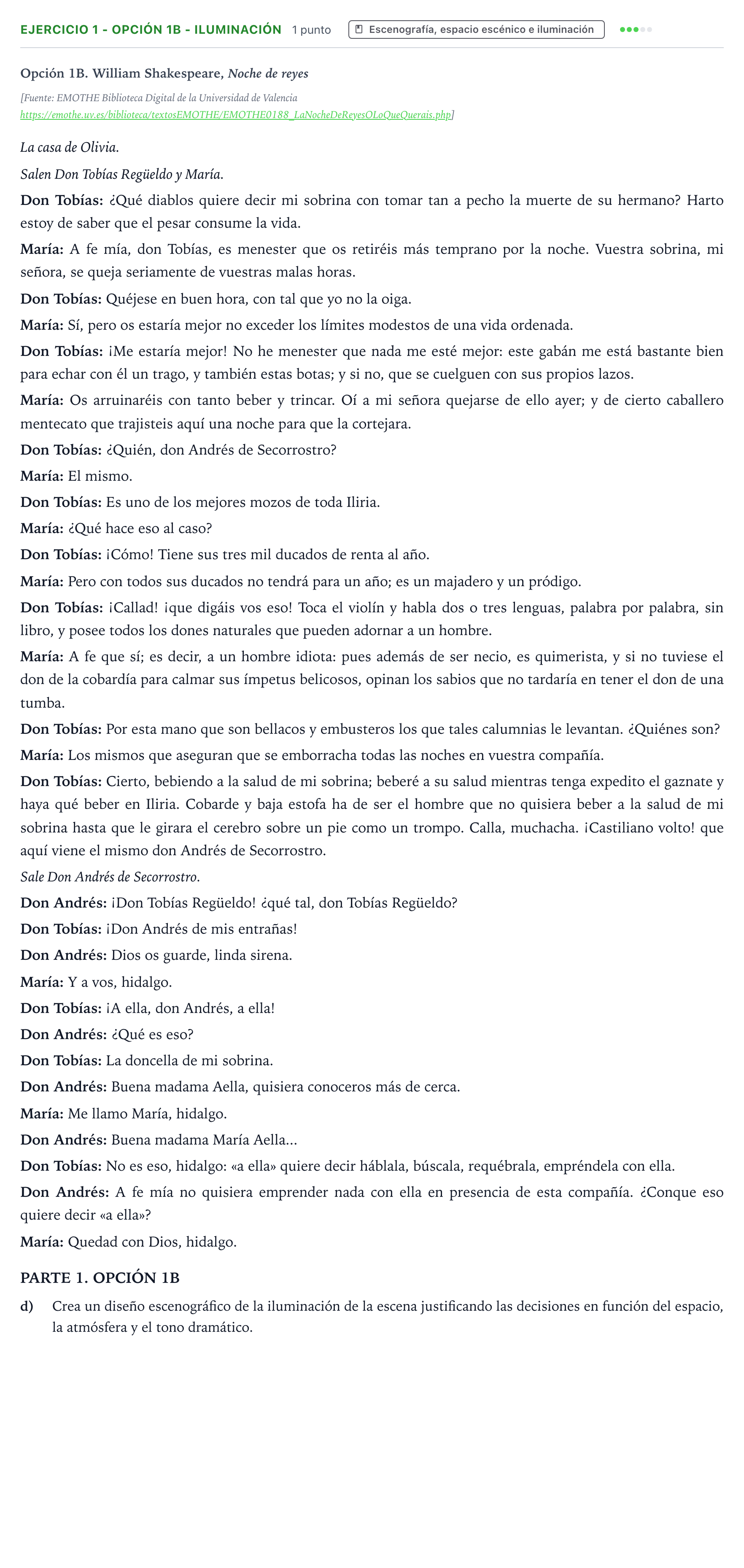 Enunciado: Ejercicio 1 - Opción 1B - Iluminación · Artes Escénicas PAU Castilla y León Ordinaria 2026