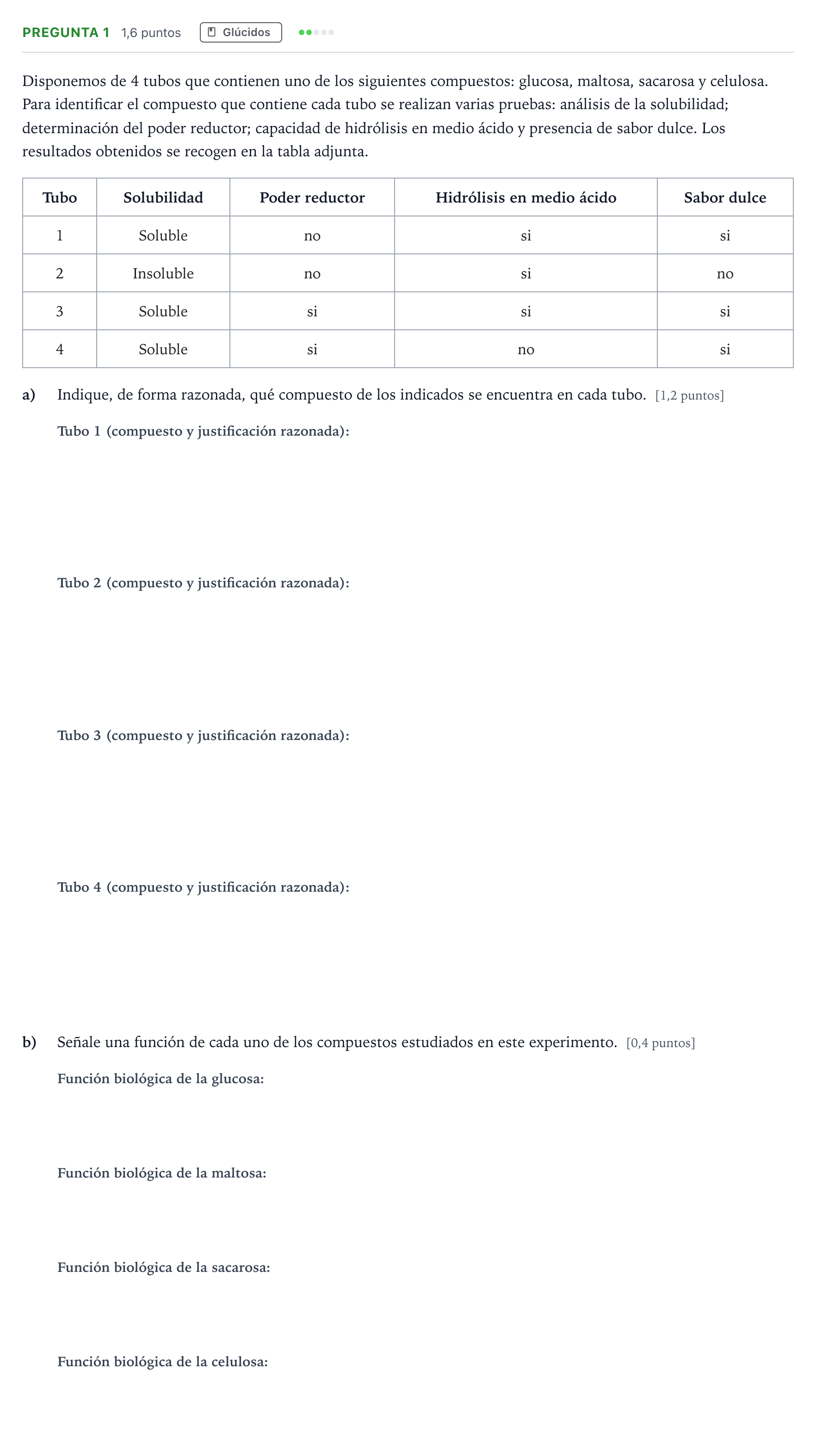 Enunciado: Pregunta 1 - Glúcidos · Biología PAU Castilla y León Ordinaria 2026