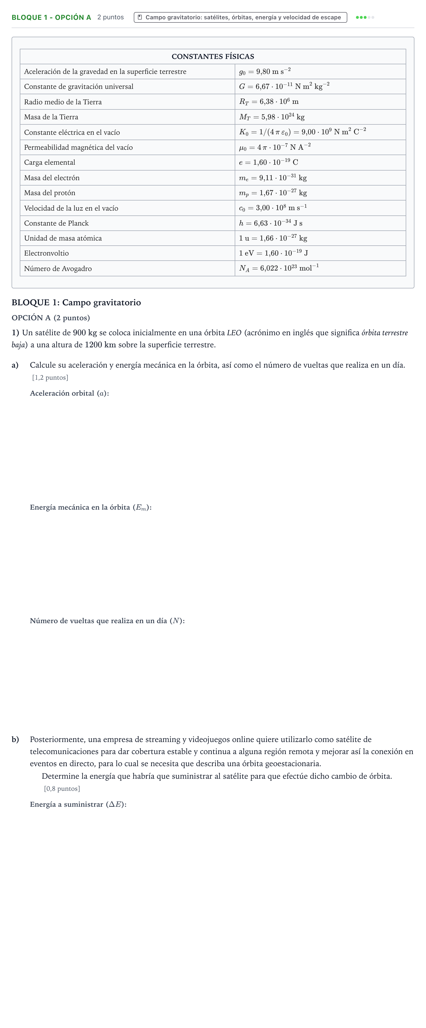 Enunciado: Bloque 1 - Opción A · Física PAU Castilla y León Extraordinaria 2026