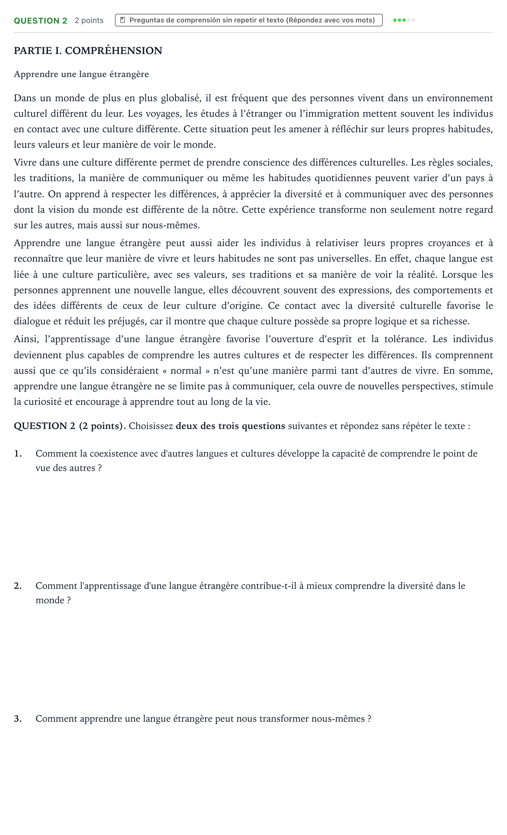 Enunciado: Question 2 · Francés PAU Castilla y León Extraordinaria 2026