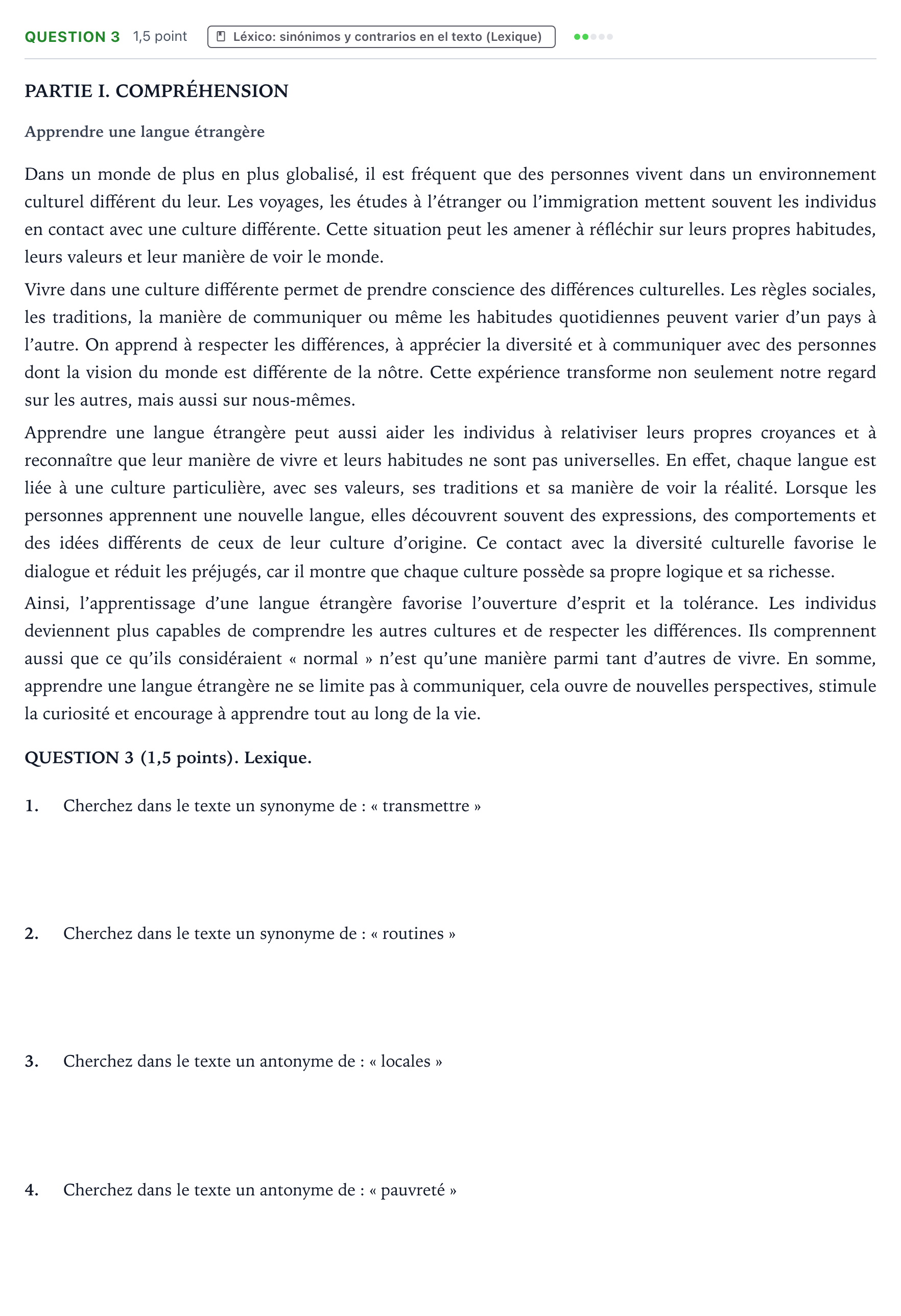 Enunciado: Question 3 · Francés PAU Castilla y León Extraordinaria 2026