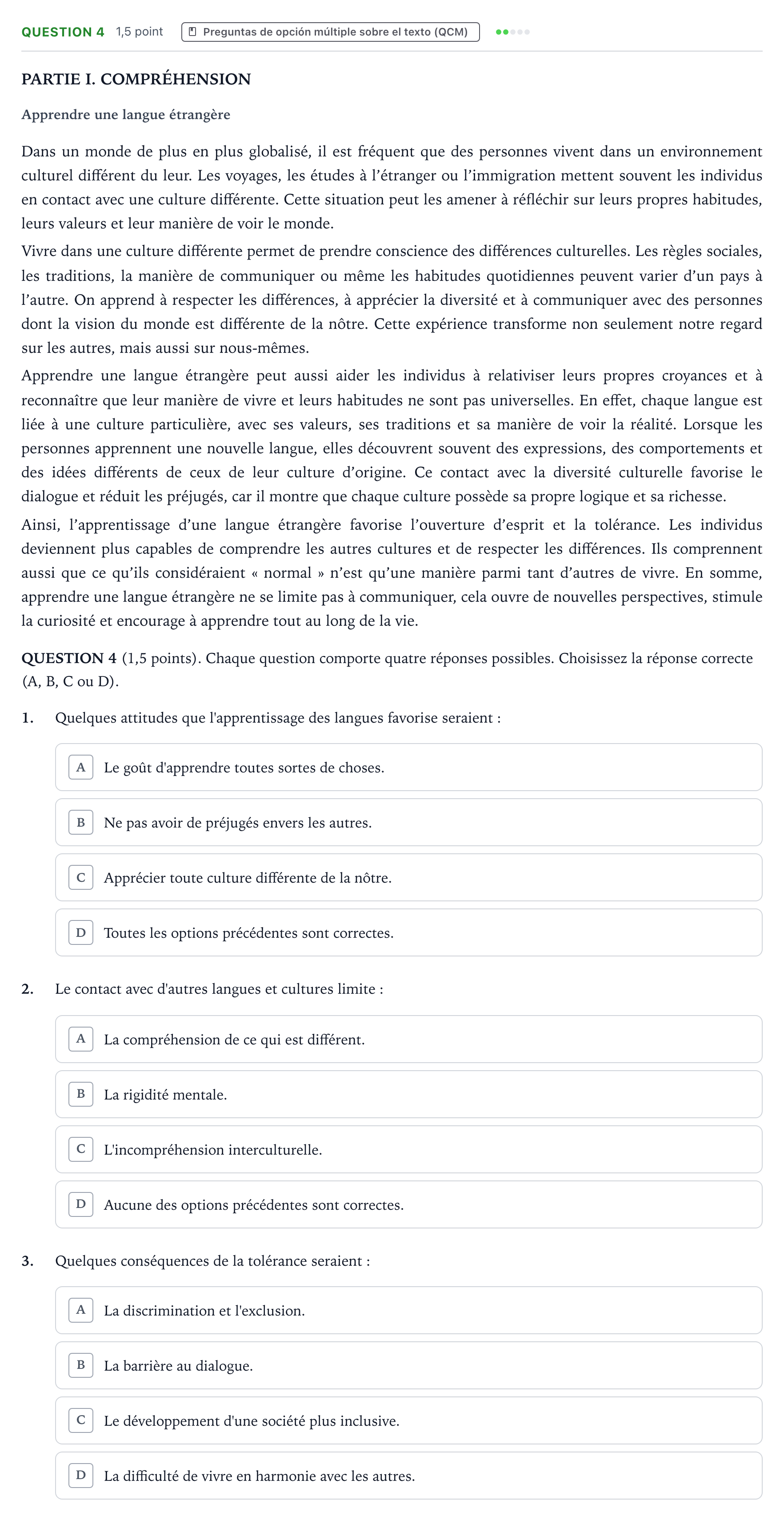 Enunciado: Question 4 · Francés PAU Castilla y León Extraordinaria 2026