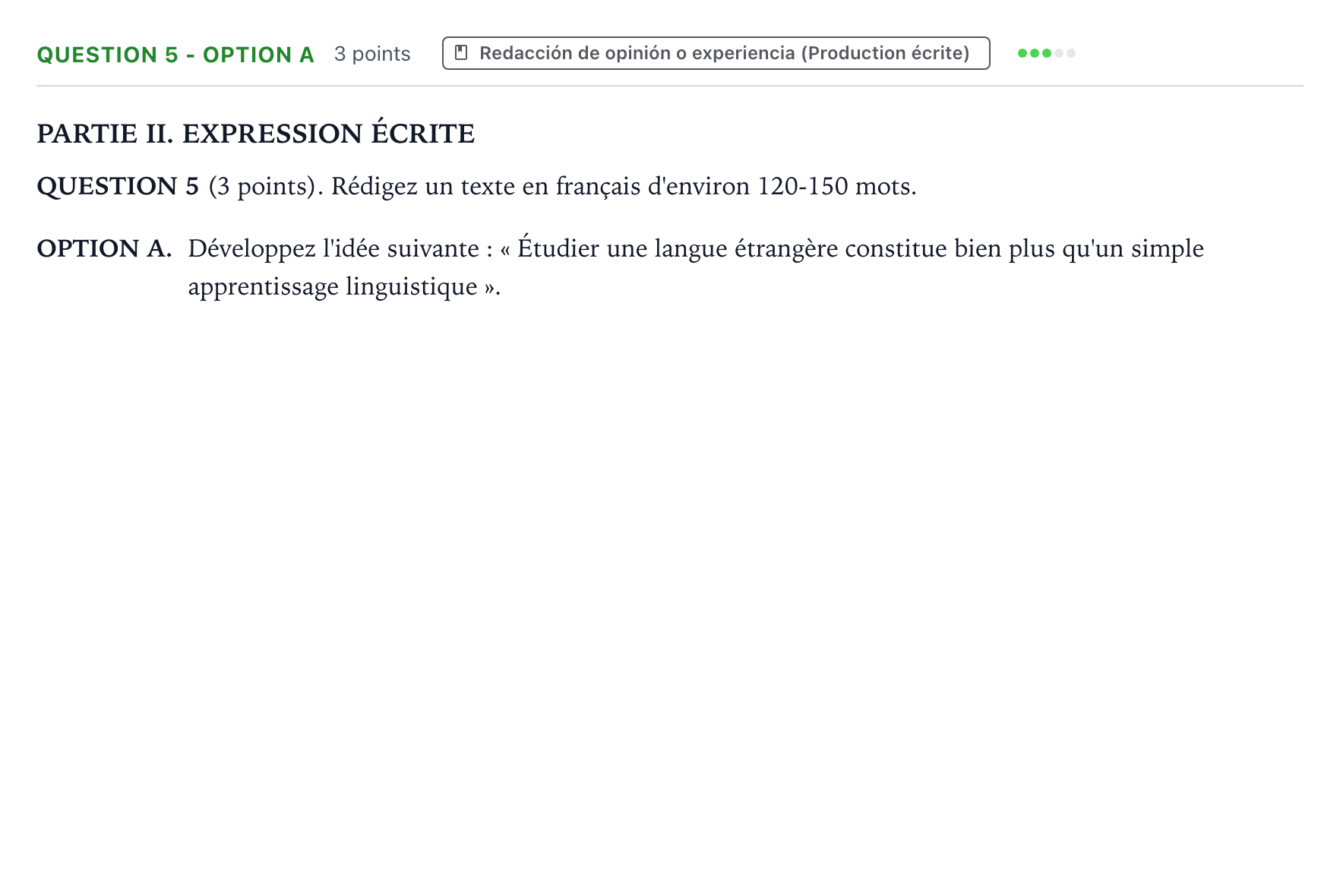 Enunciado: Question 5 - Option A · Francés PAU Castilla y León Extraordinaria 2026