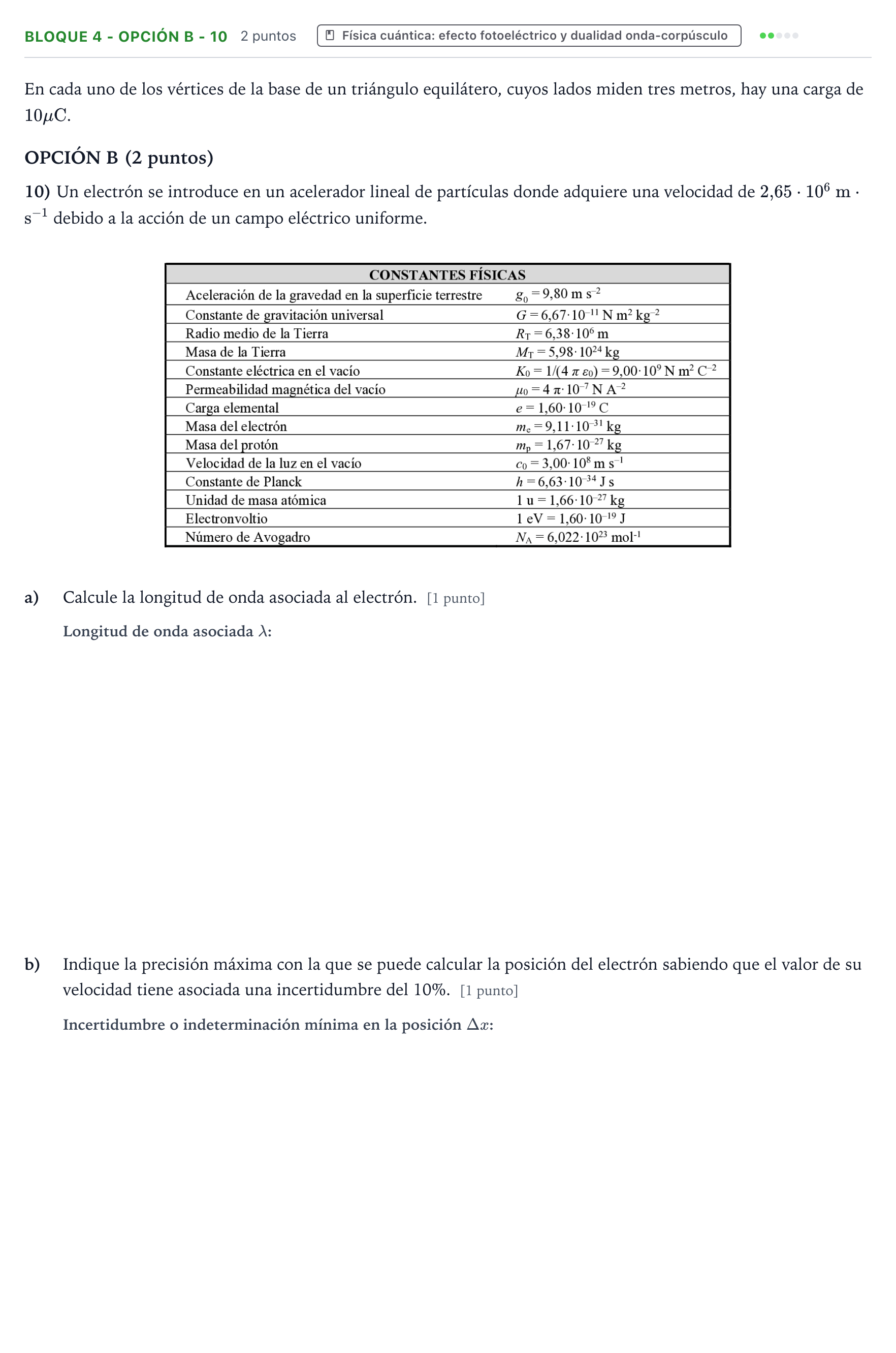 Enunciado: Bloque 4 - Opción B - 10 · Física PAU Castilla y León Ordinaria 2026