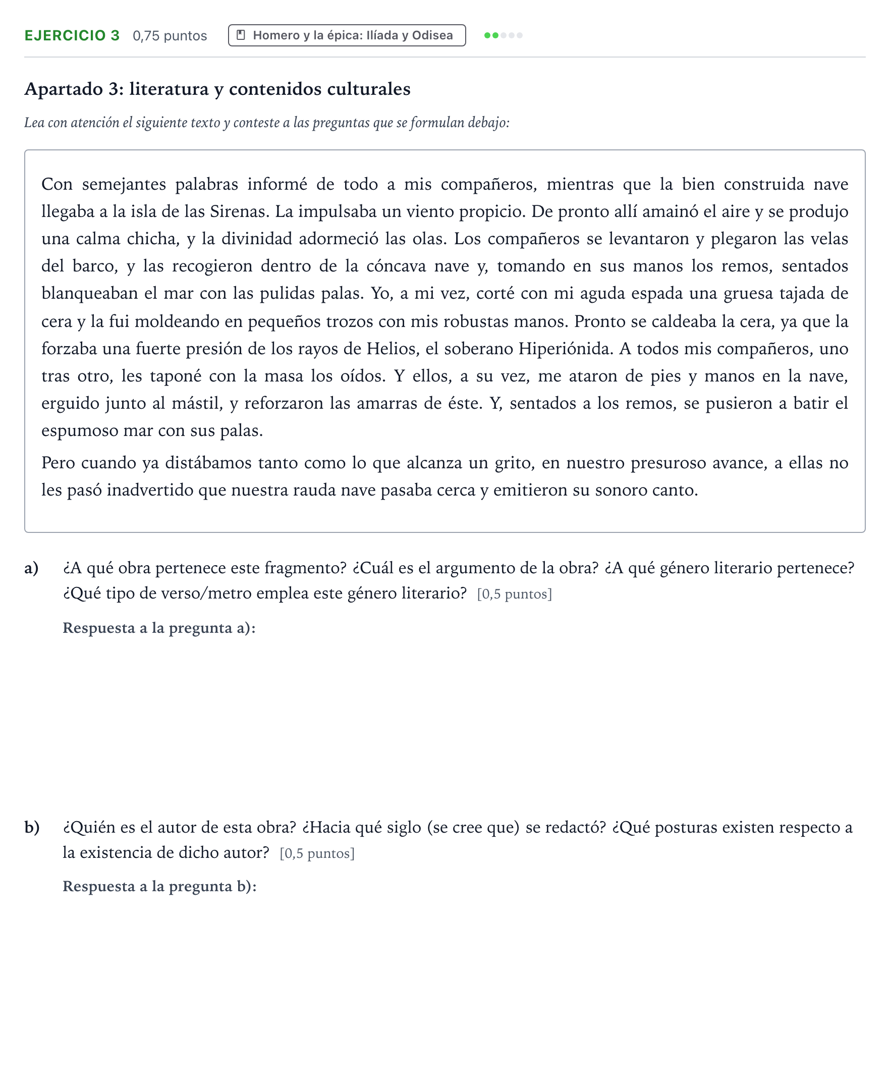 Enunciado: Ejercicio 3 - Homero y la épica · Griego II PAU Castilla y León Extraordinaria 2026