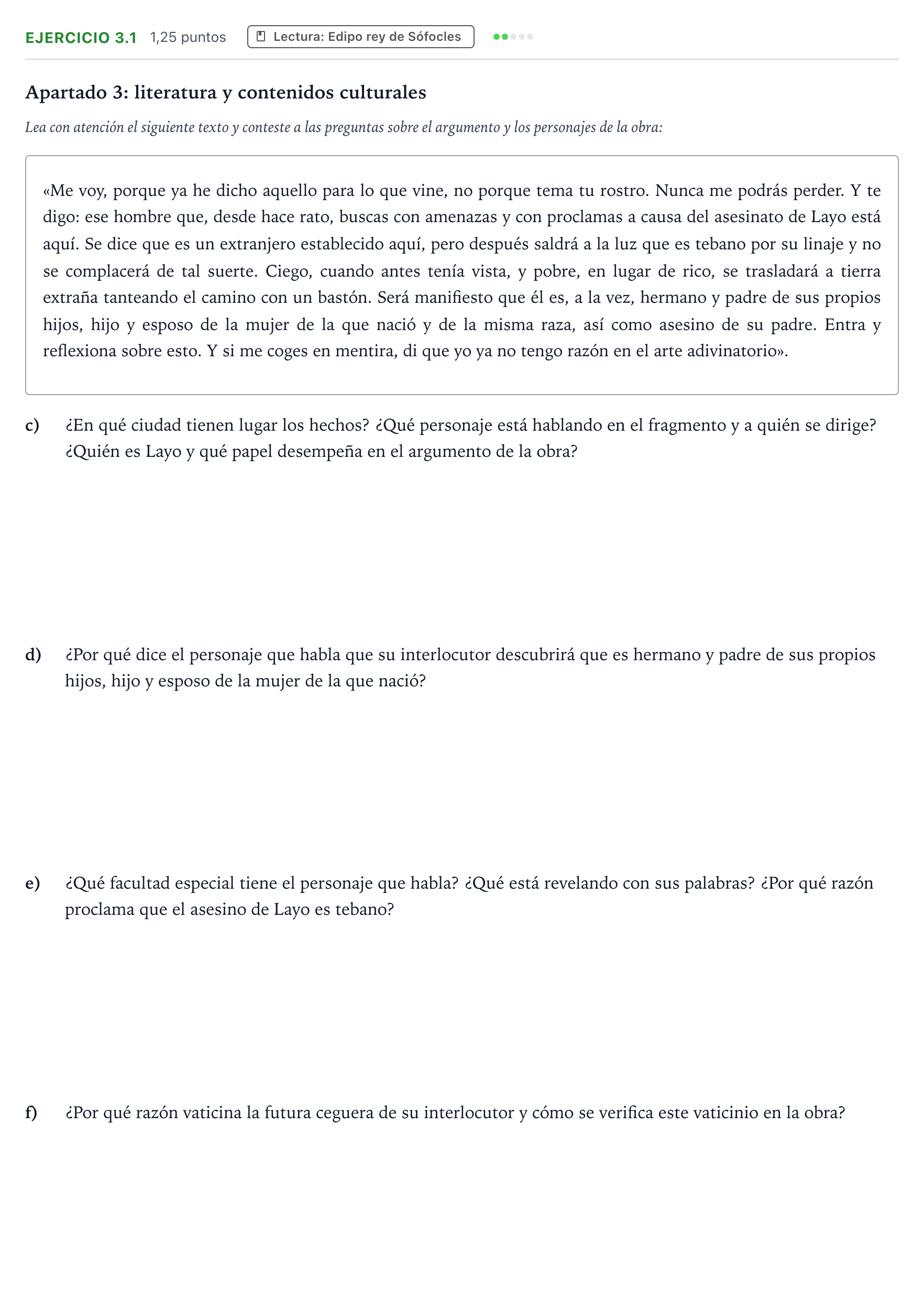 Enunciado: Ejercicio 3.1 - Lectura: Edipo rey de Sófocles · Griego II PAU Castilla y León Ordinaria 2026