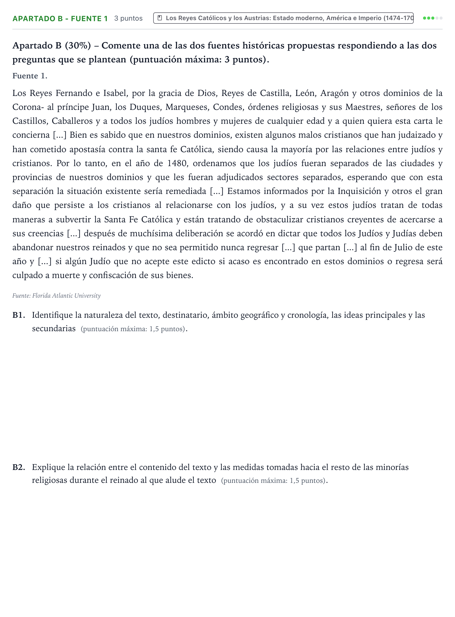 Enunciado: Apartado B - Fuente 1 · Historia de España PAU Castilla y León Extraordinaria 2026