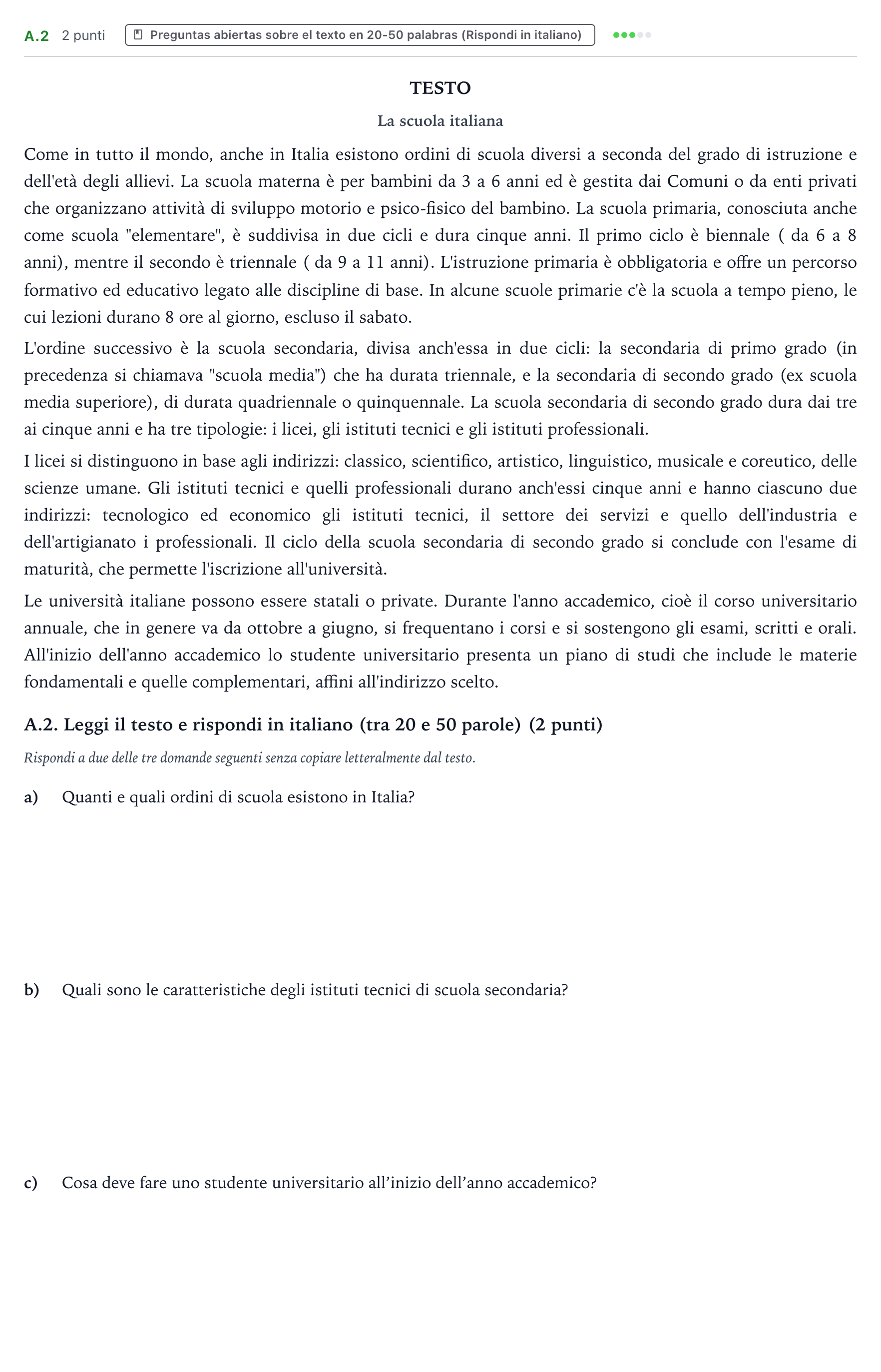 Enunciado: Ejercicio A.2 · Italiano PAU Castilla y León Extraordinaria 2026