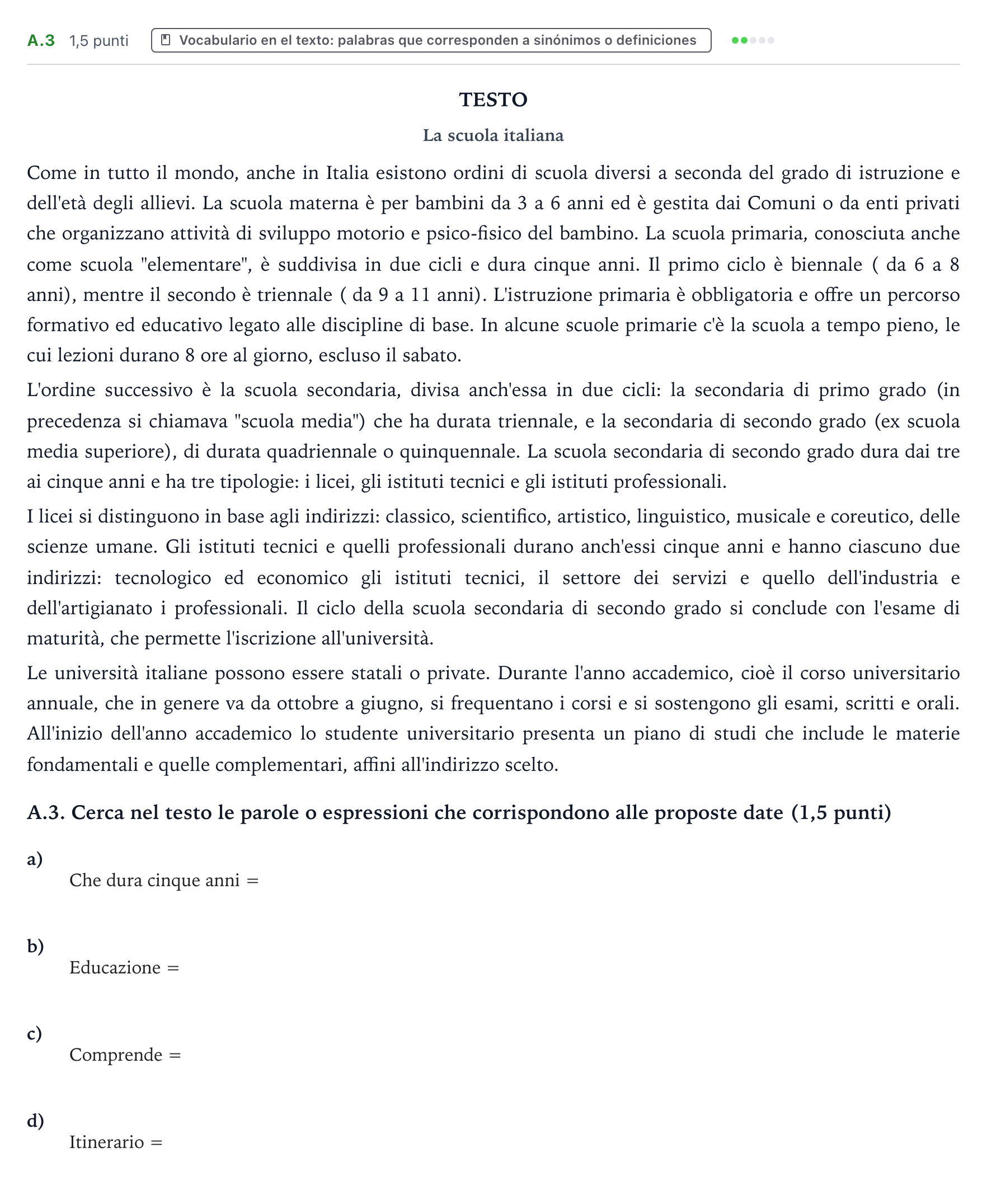 Enunciado: Ejercicio A.3 · Italiano PAU Castilla y León Extraordinaria 2026
