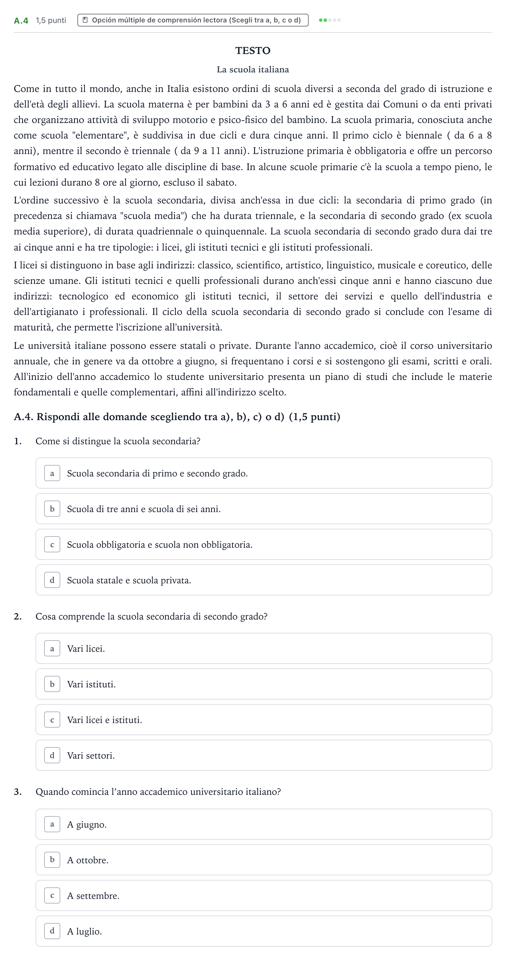 Enunciado: Ejercicio A.4 · Italiano PAU Castilla y León Extraordinaria 2026