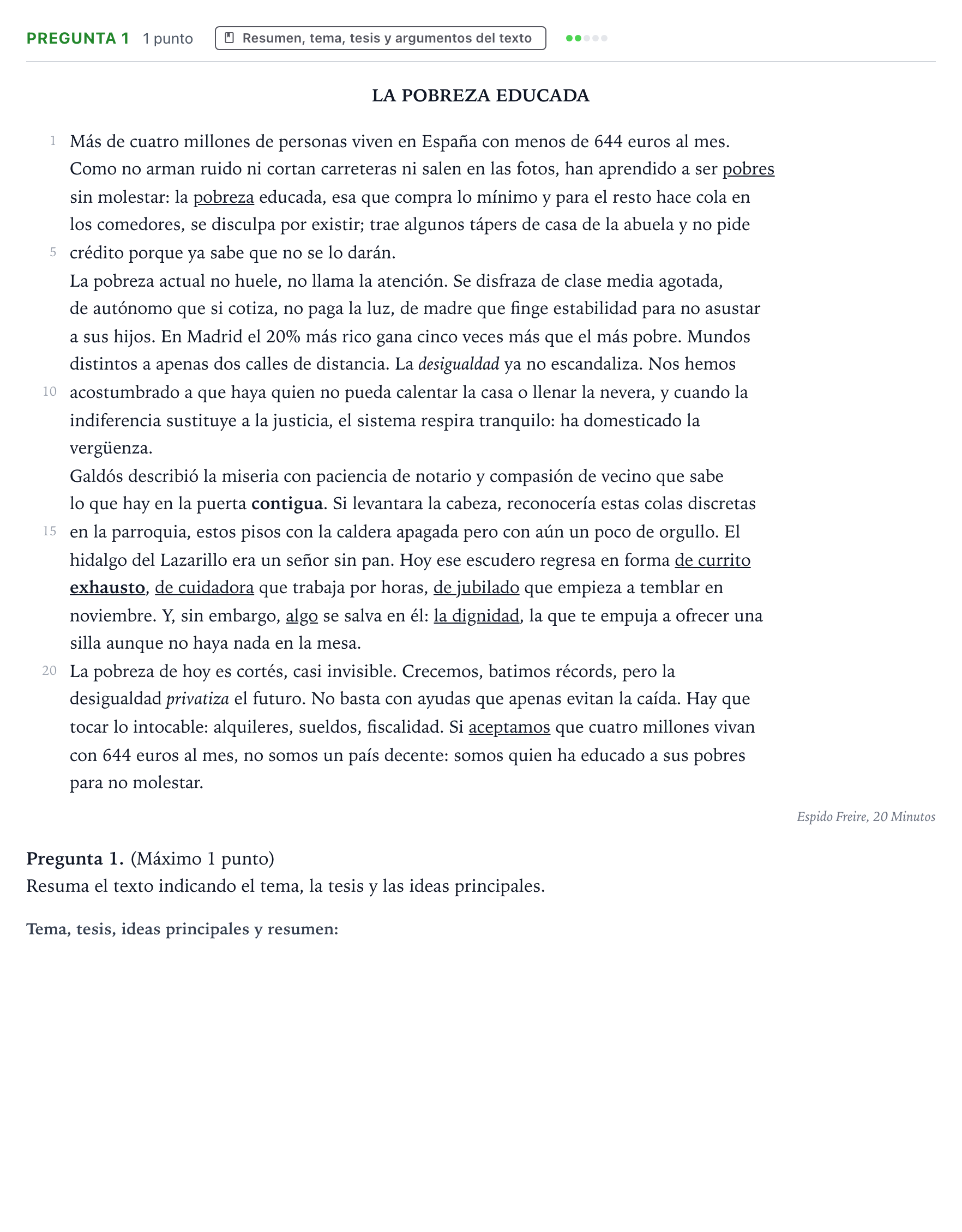 Enunciado: Pregunta 1 · Lengua Castellana y Literatura II PAU Castilla y León Extraordinaria 2026