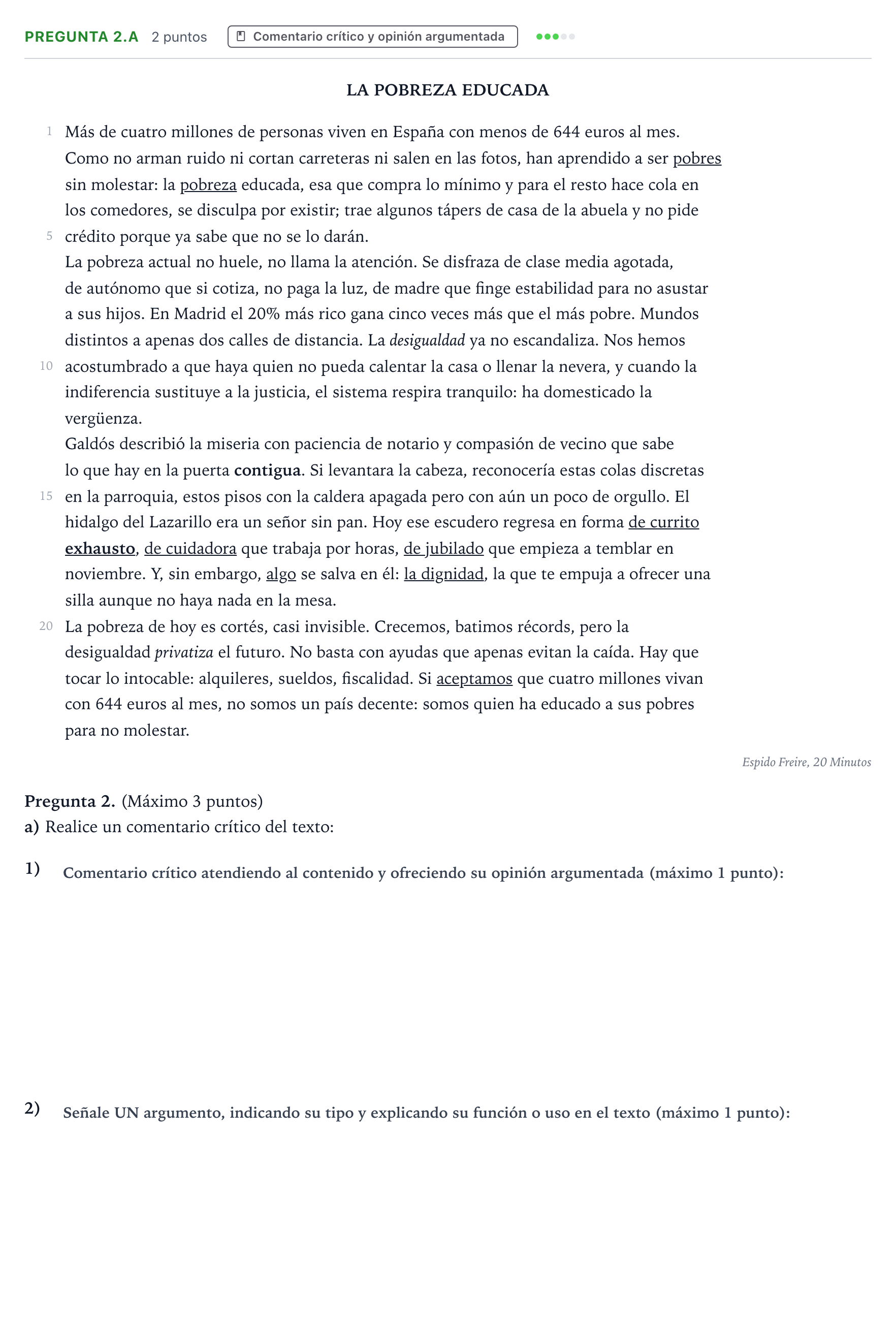 Enunciado: Pregunta 2.a · Lengua Castellana y Literatura II PAU Castilla y León Extraordinaria 2026