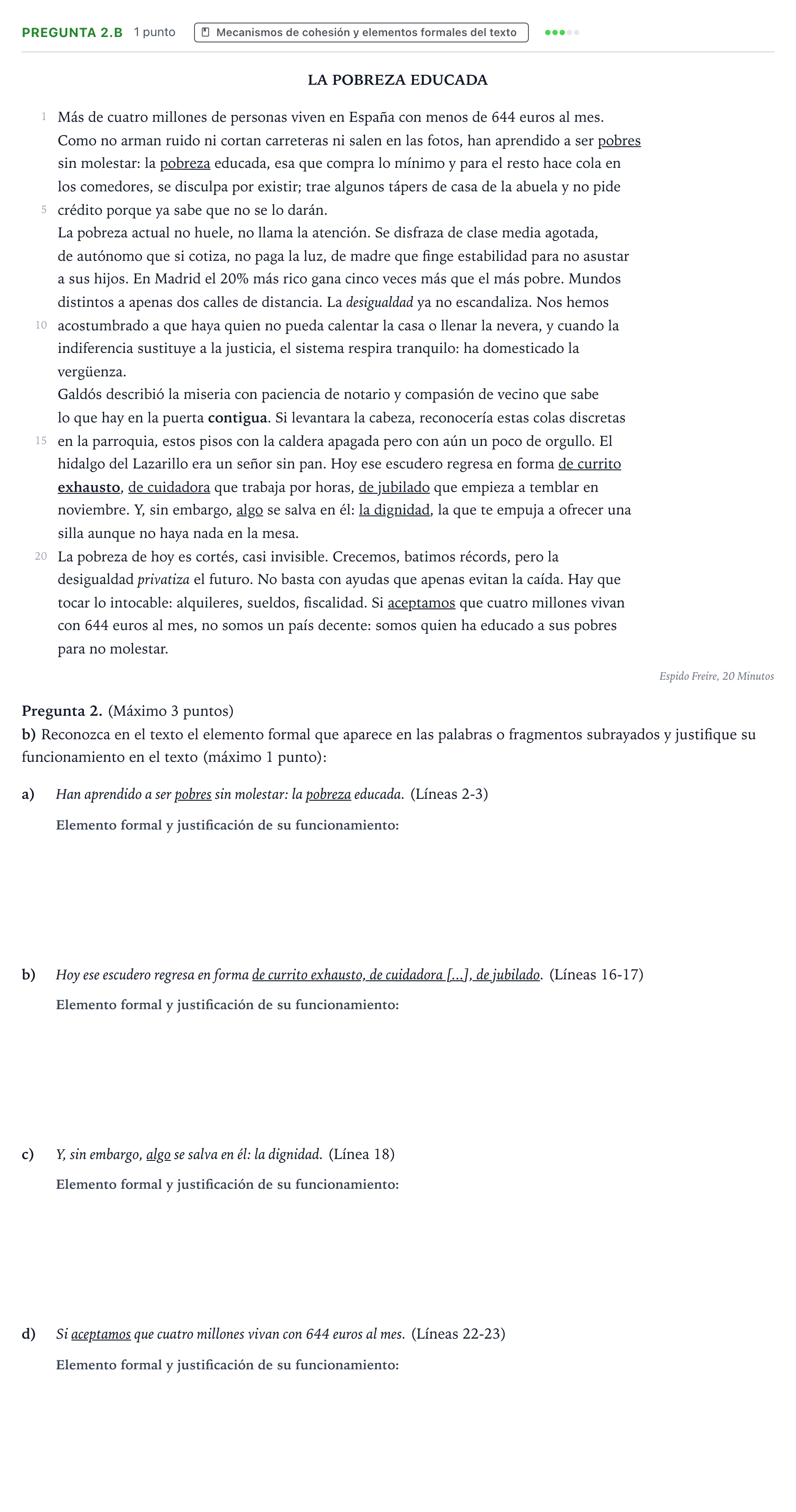 Enunciado: Pregunta 2.b · Lengua Castellana y Literatura II PAU Castilla y León Extraordinaria 2026