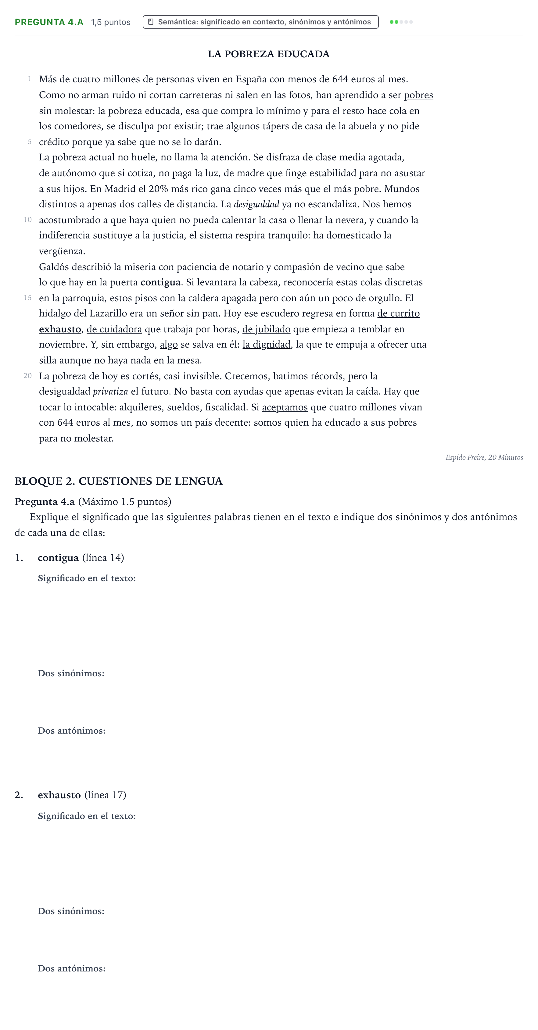 Enunciado: Pregunta 4.a - Semántica · Lengua Castellana y Literatura II PAU Castilla y León Extraordinaria 2026