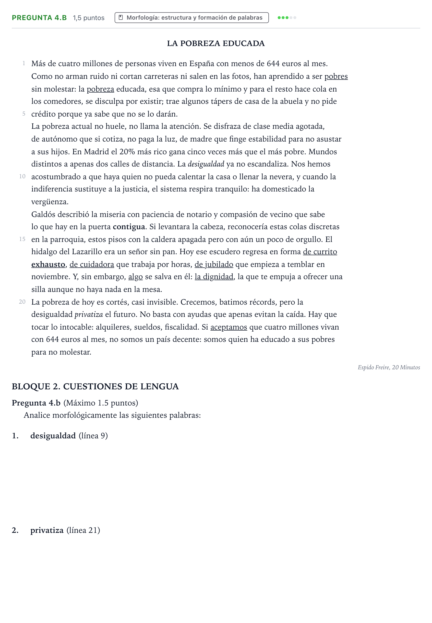 Enunciado: Pregunta 4.b - Morfología · Lengua Castellana y Literatura II PAU Castilla y León Extraordinaria 2026